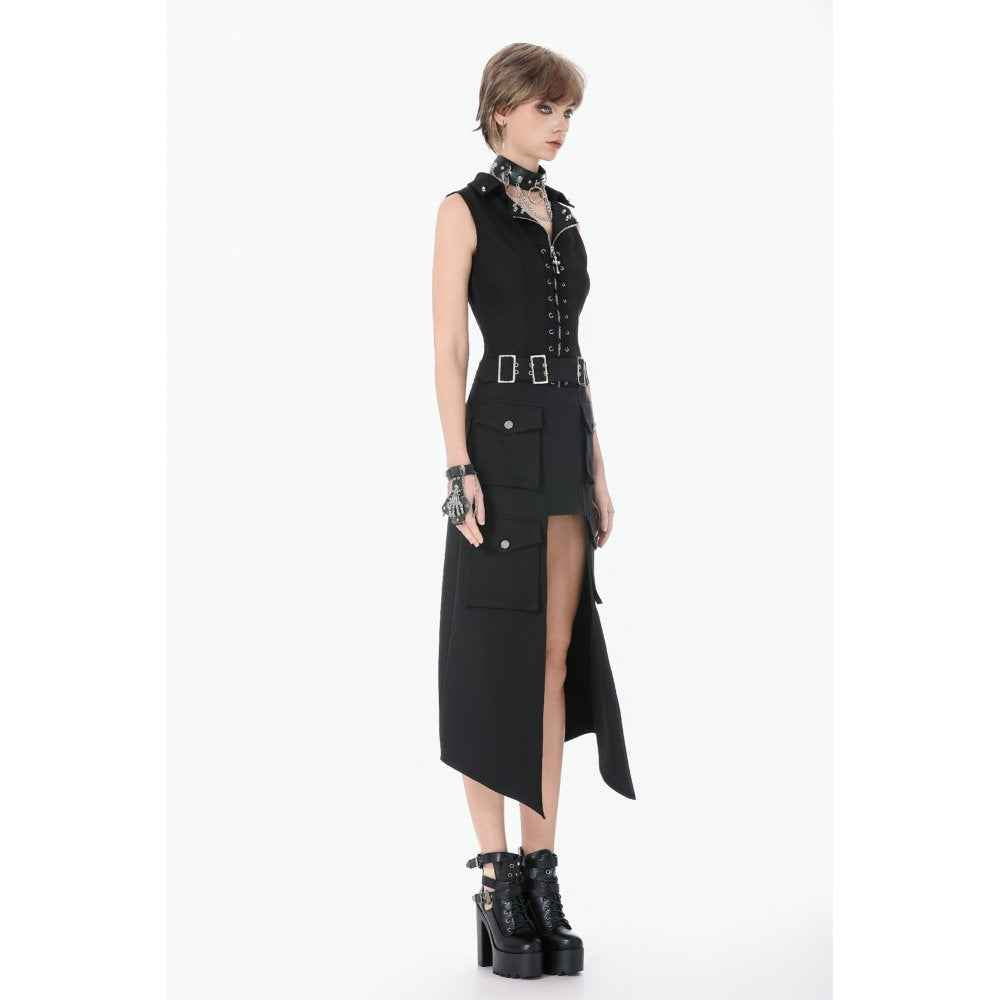 Dark in Love Punk Layered Pocket Cutout Belted Long Skirt