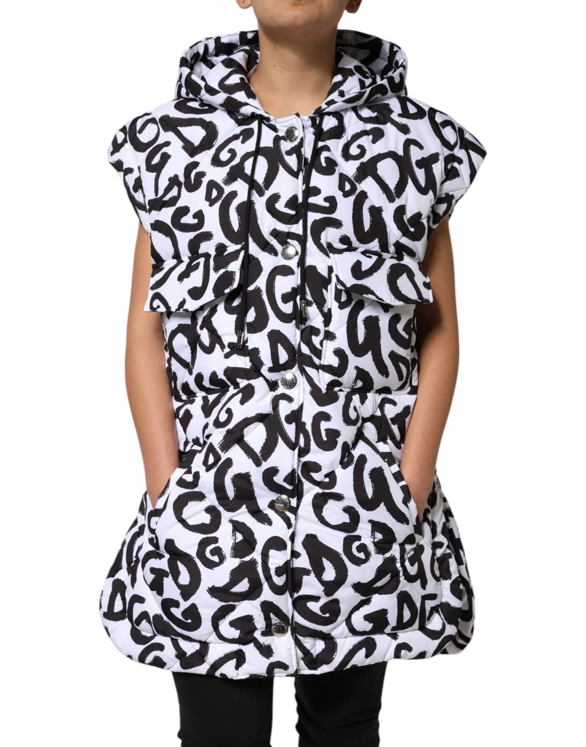 Dolce & Gabbana White DG Mania Hooded Sleeveless Puffer Jacket