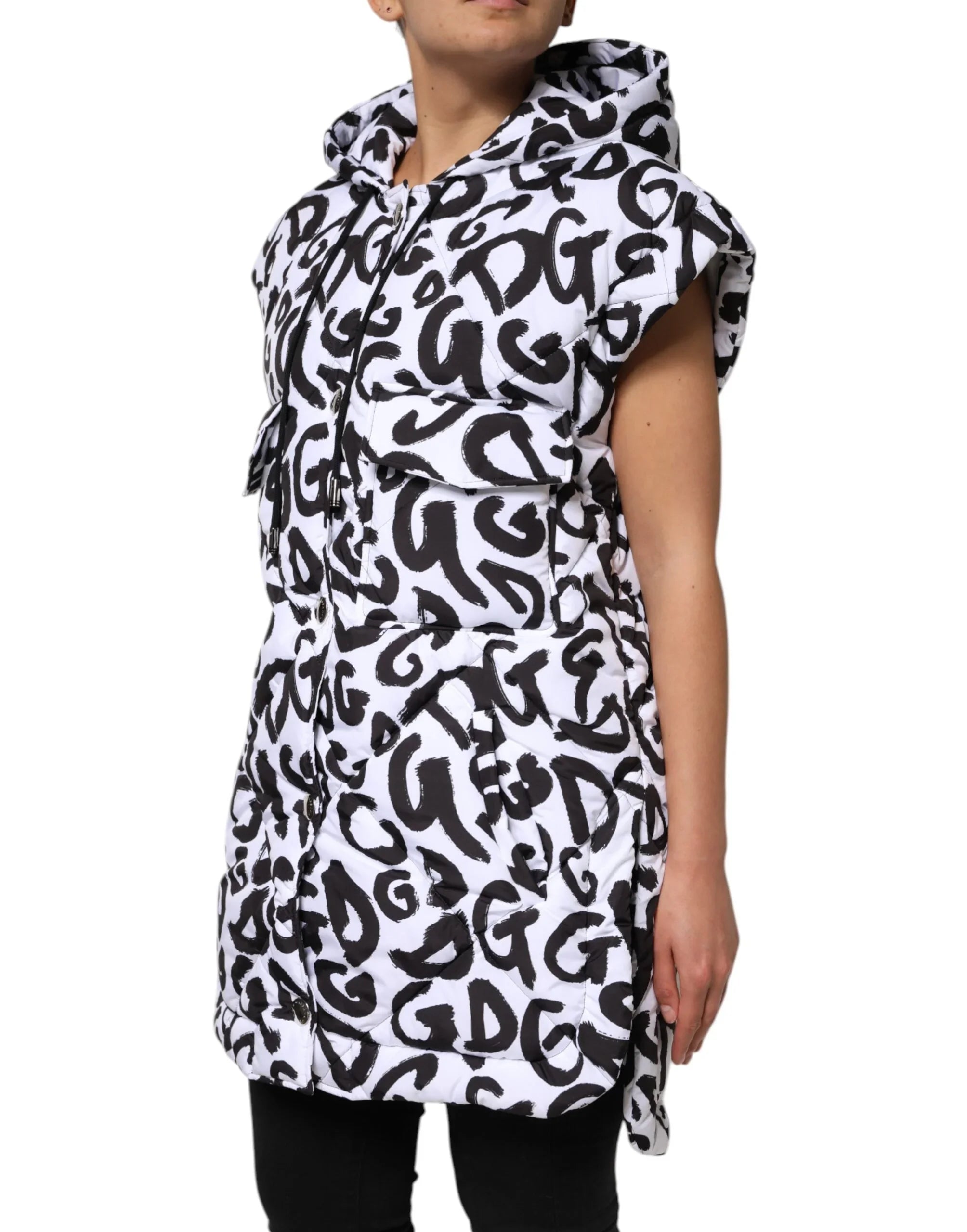 Dolce &amp; Gabbana Weiße DG Mania Kapuzen-Steppjacke, ärmellos