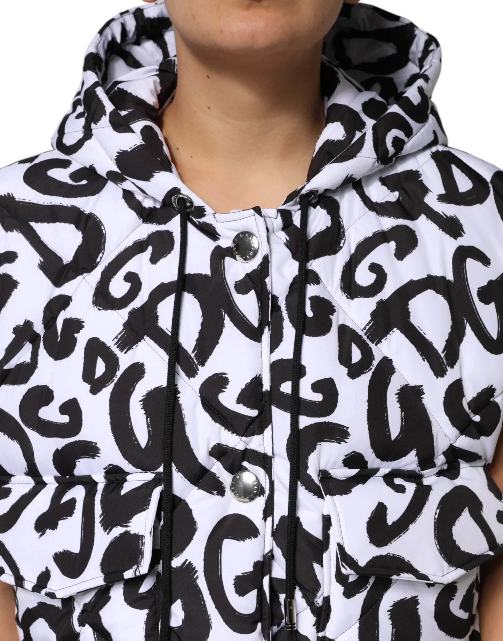 Dolce &amp; Gabbana Weiße DG Mania Kapuzen-Steppjacke, ärmellos