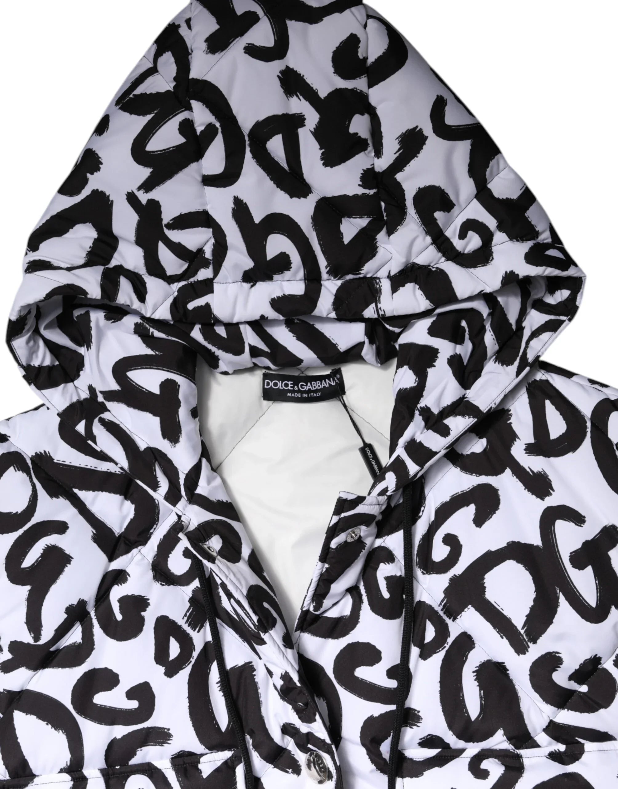 Dolce &amp; Gabbana Weiße DG Mania Kapuzen-Steppjacke, ärmellos