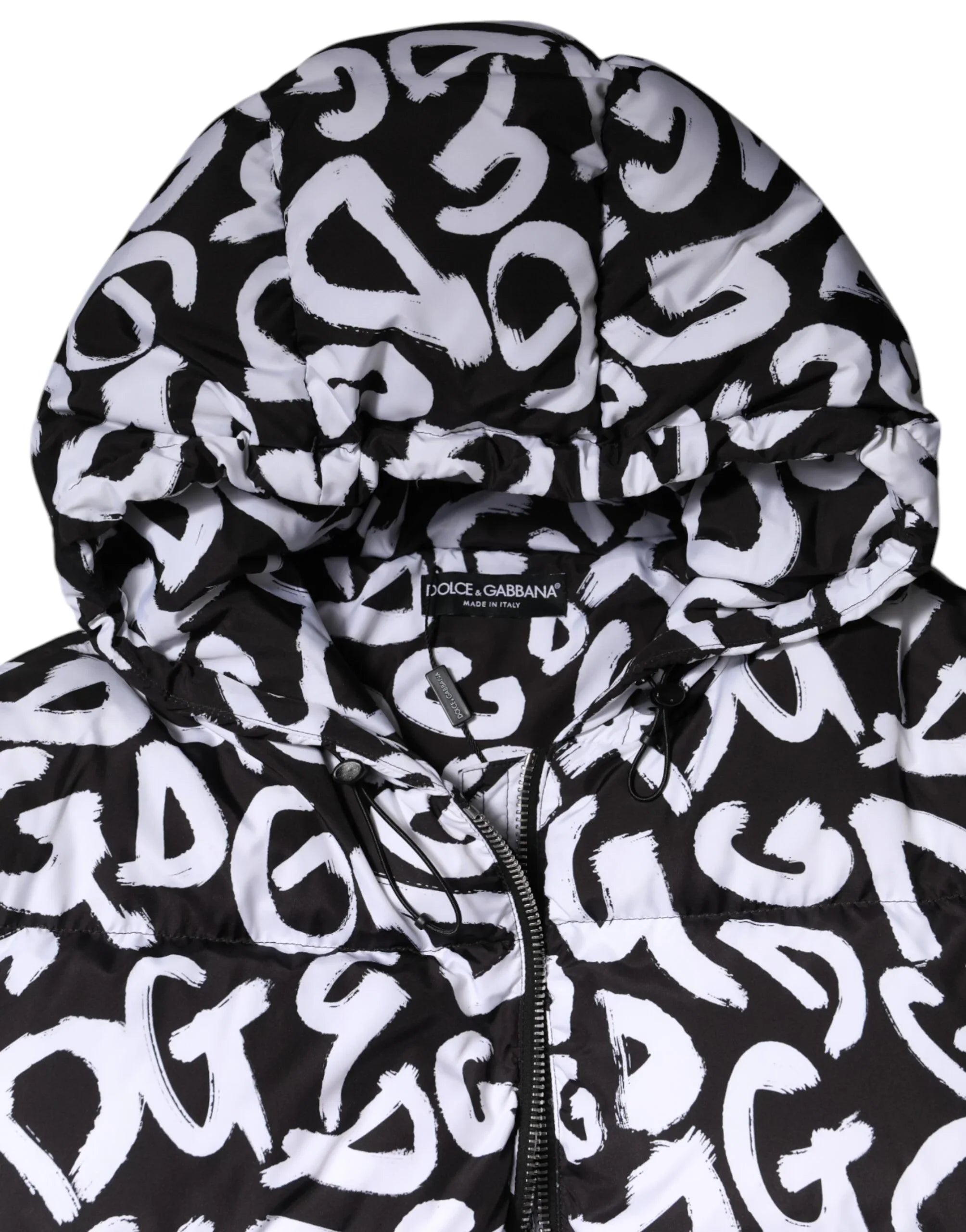 Dolce & Gabbana Black White DG Mania Hooded Long Coat Jacket