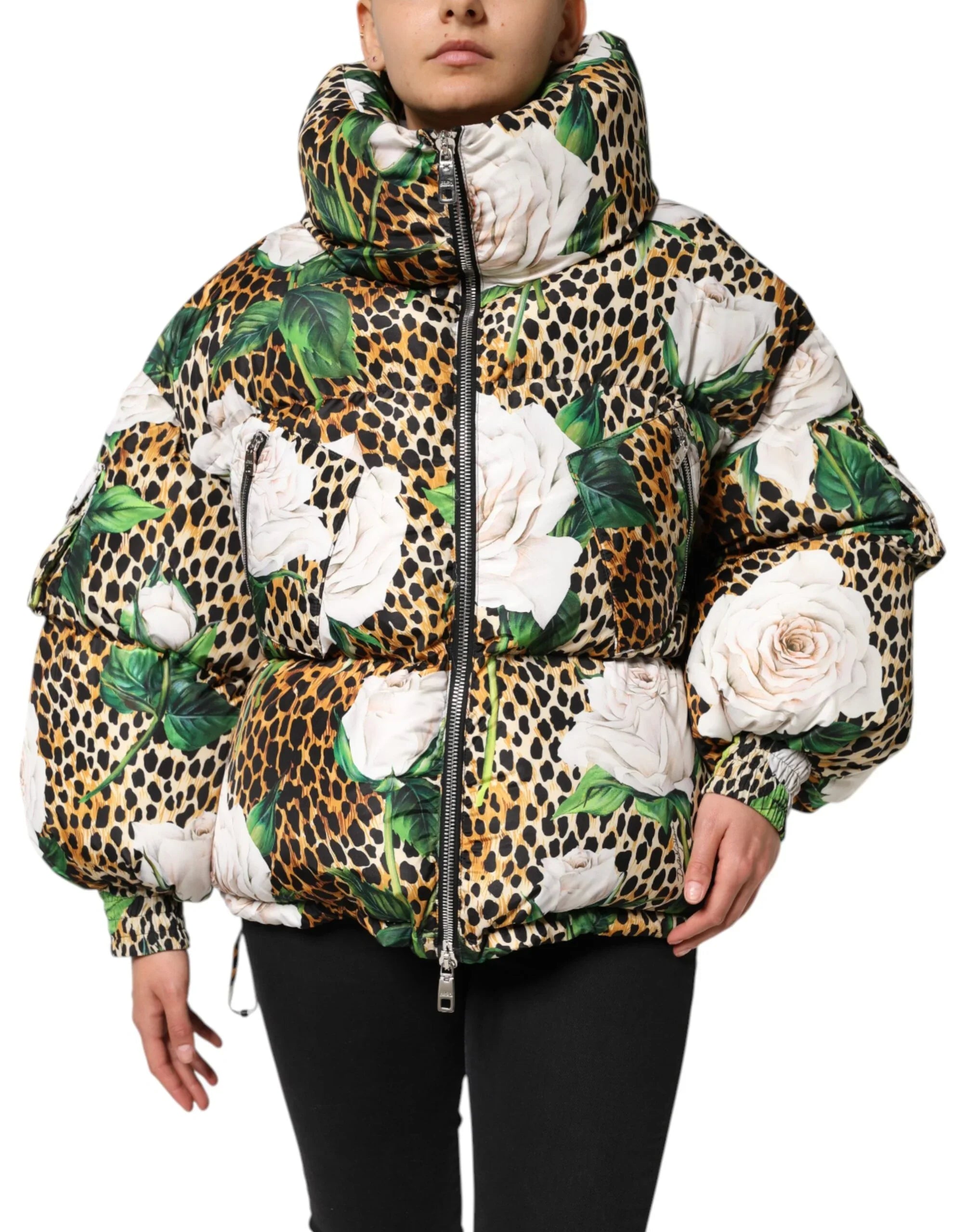 Dolce & Gabbana Multicolor Leopard Rose Puffer Quilted Jacket