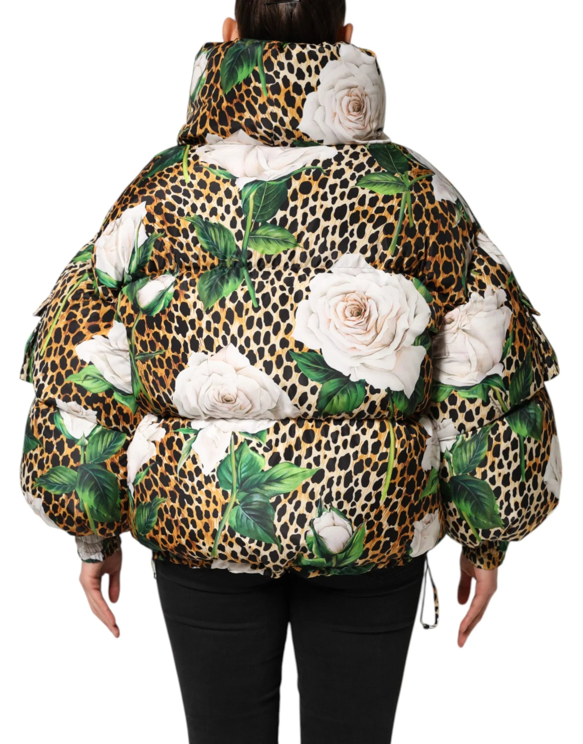 Dolce & Gabbana Multicolor Leopard Rose Puffer Quilted Jacket