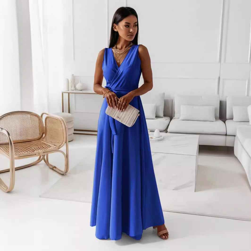 V-neck Sleeveless Dress With Belt Summer Fashion Party Club Evening Maxi Dresses For Women Clothing