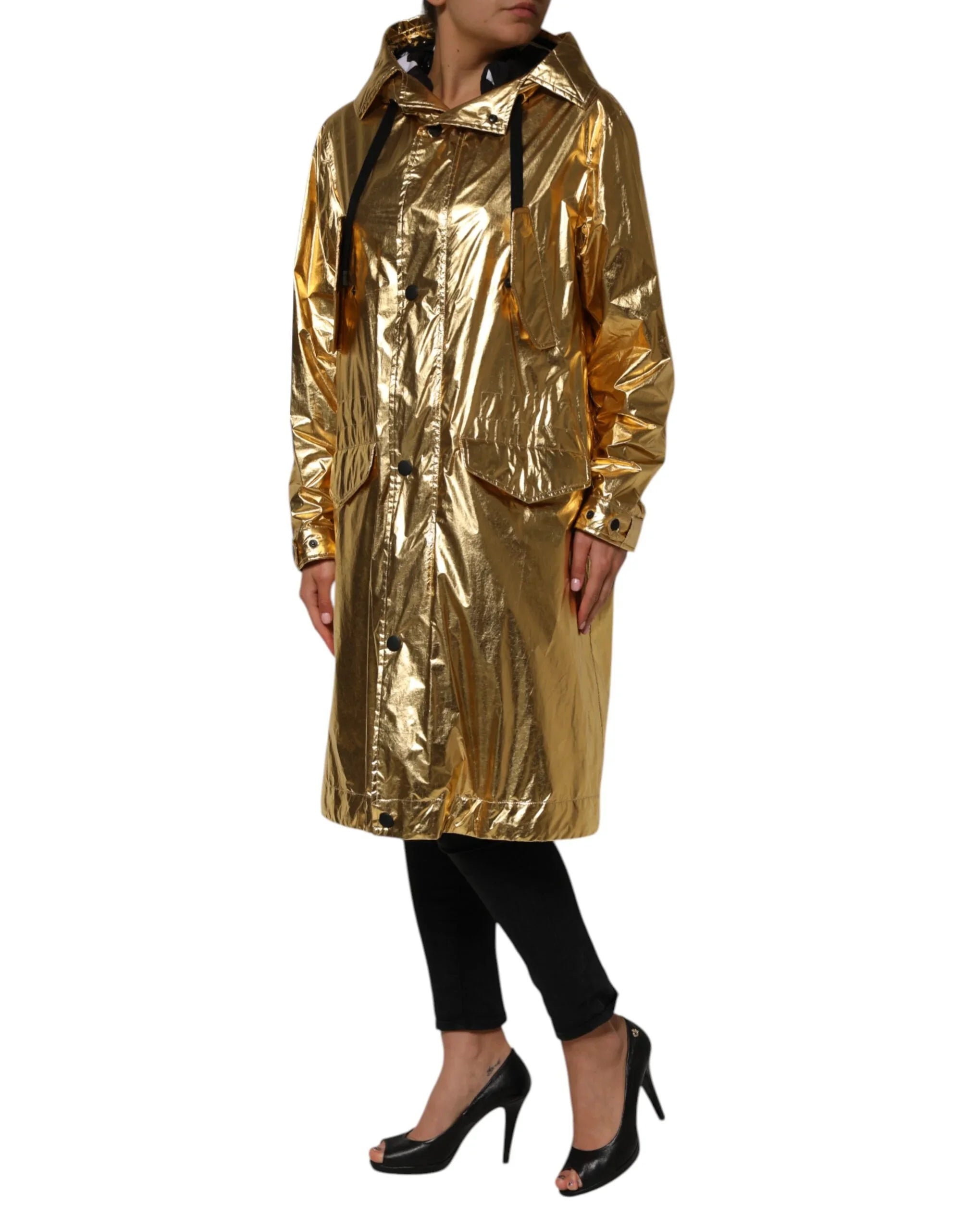 Dolce &amp; Gabbana Goldfarbener Trenchcoat mit Kapuze und langen Ärmeln