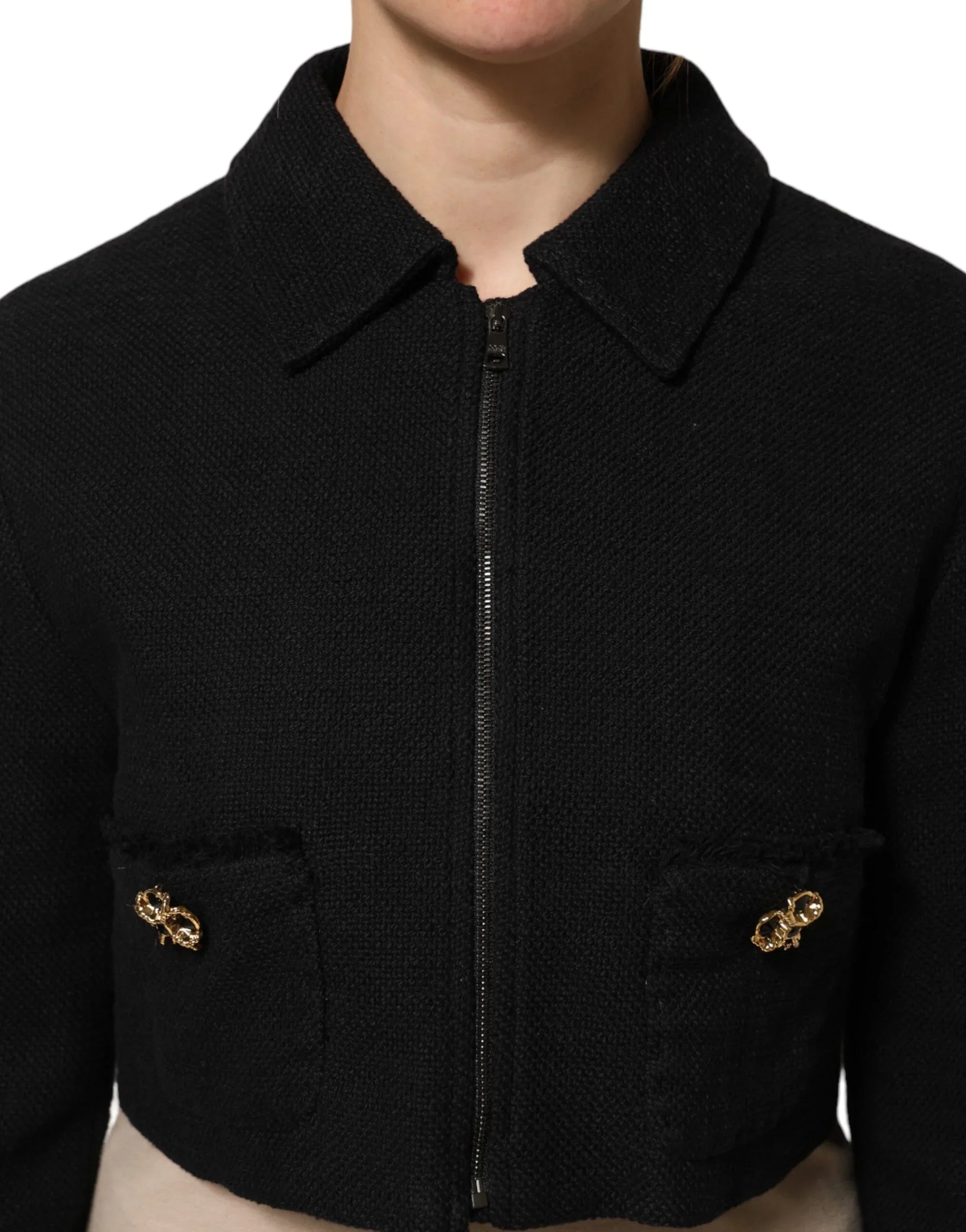 Dolce & Gabbana Black Cotton Full Zip Cropped Coat Jacket