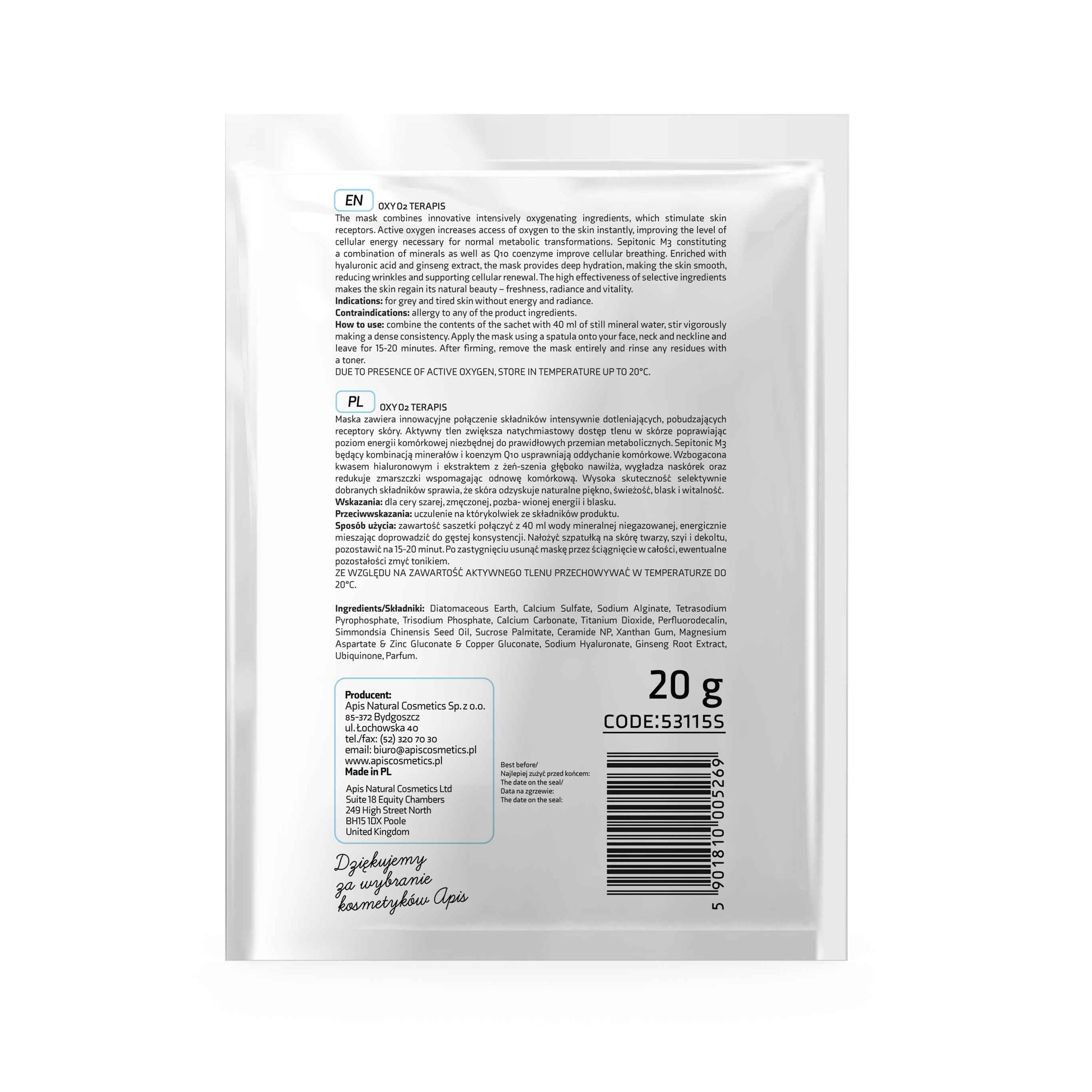 Apis Oxy O2 Oxygenating Algae Mask with Active Oxygen | 20g