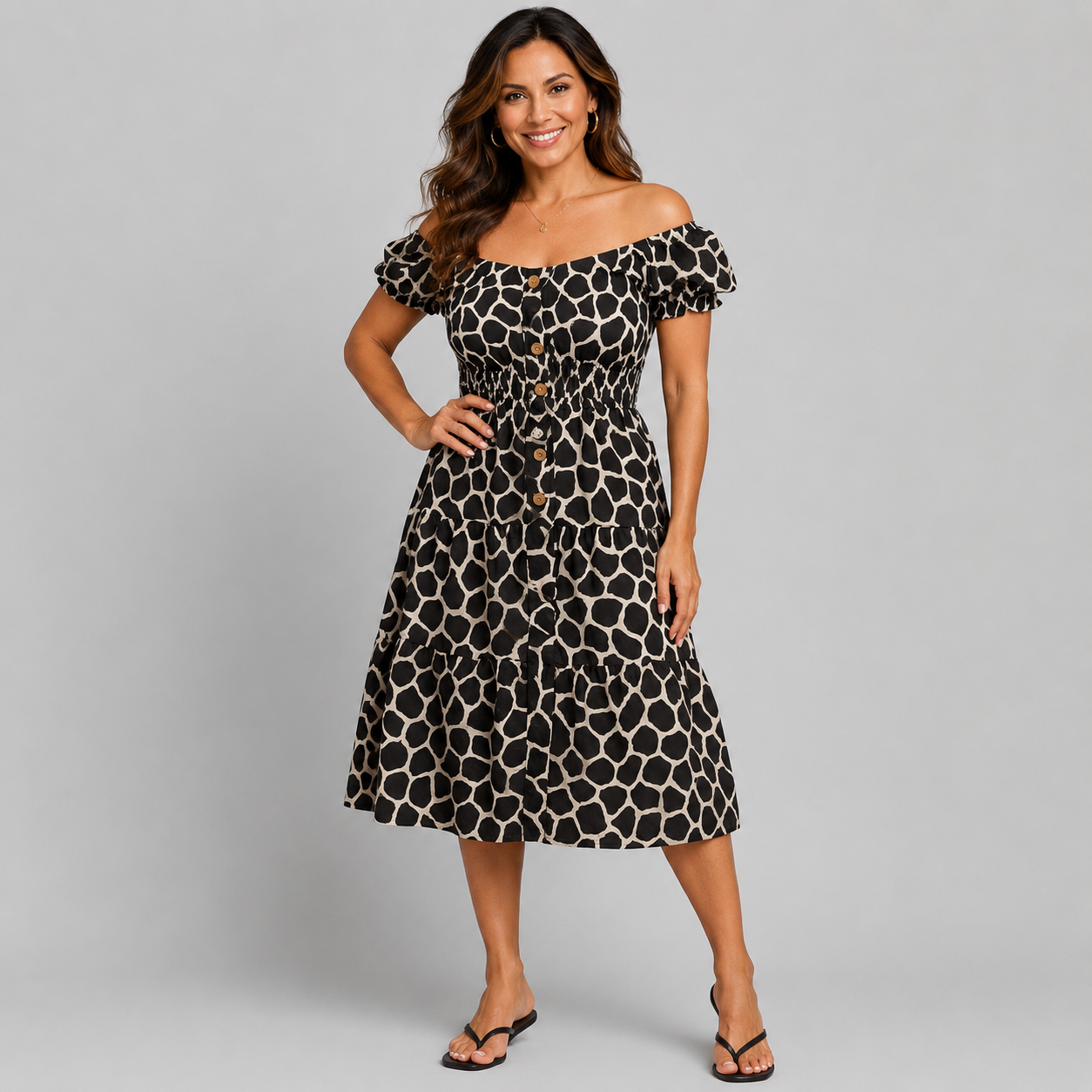 Giraffe print Off Shoulder Animal Print Frilled Gypsy Dress