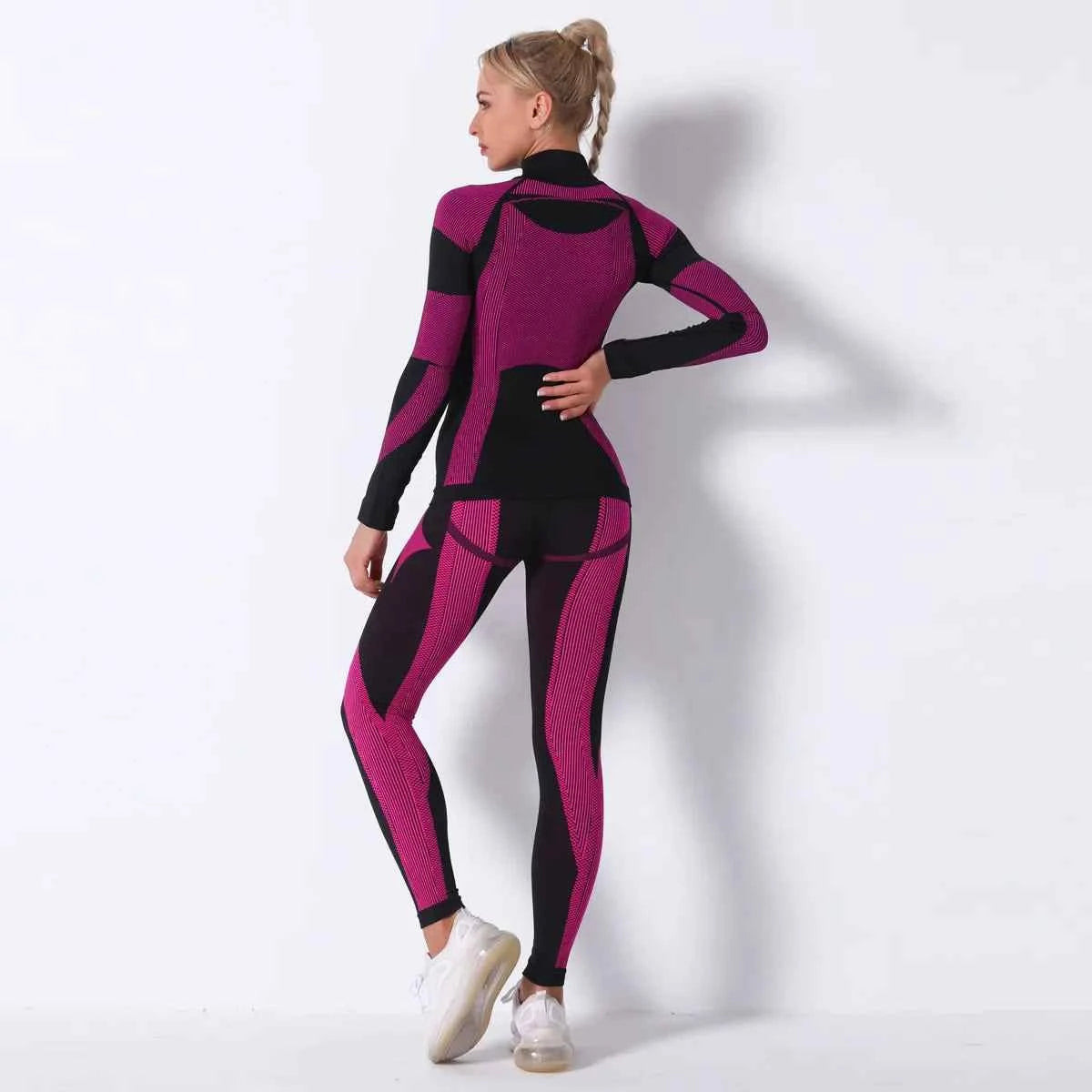 Breathable Yoga Workout Long Sleeve Shirt Leggings Set Gym Sports Fitness Striped Pants Suit For Women
