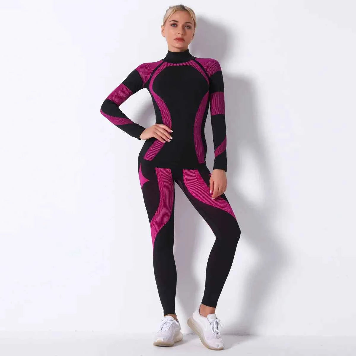 Breathable Yoga Workout Long Sleeve Shirt Leggings Set Gym Sports Fitness Striped Pants Suit For Women