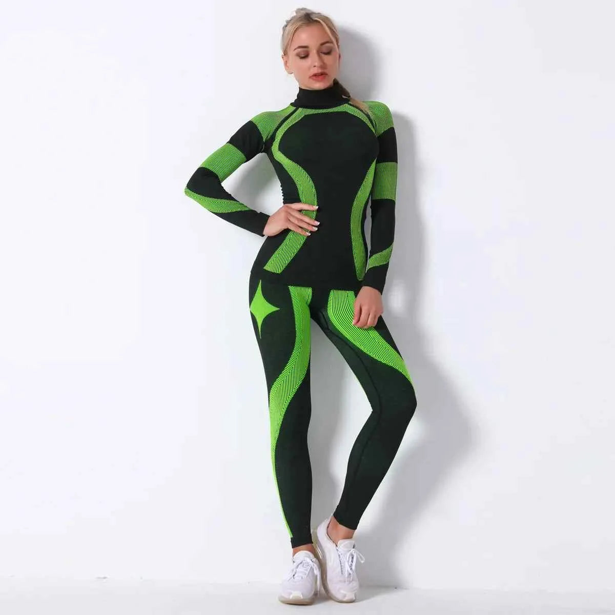 Breathable Yoga Workout Long Sleeve Shirt Leggings Set Gym Sports Fitness Striped Pants Suit For Women