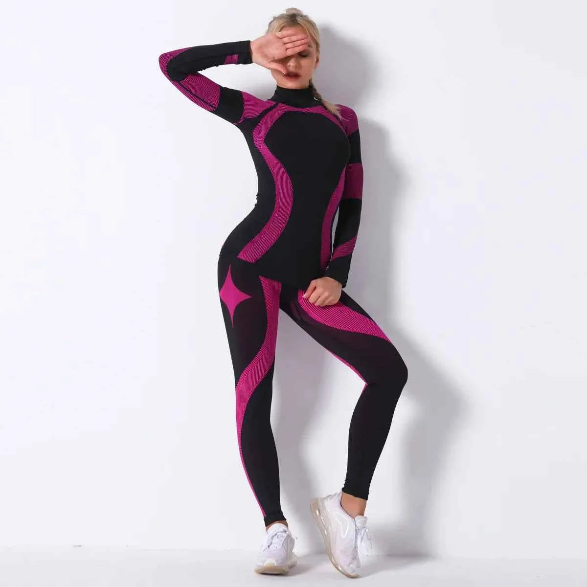 Breathable Yoga Workout Long Sleeve Shirt Leggings Set Gym Sports Fitness Striped Pants Suit For Women