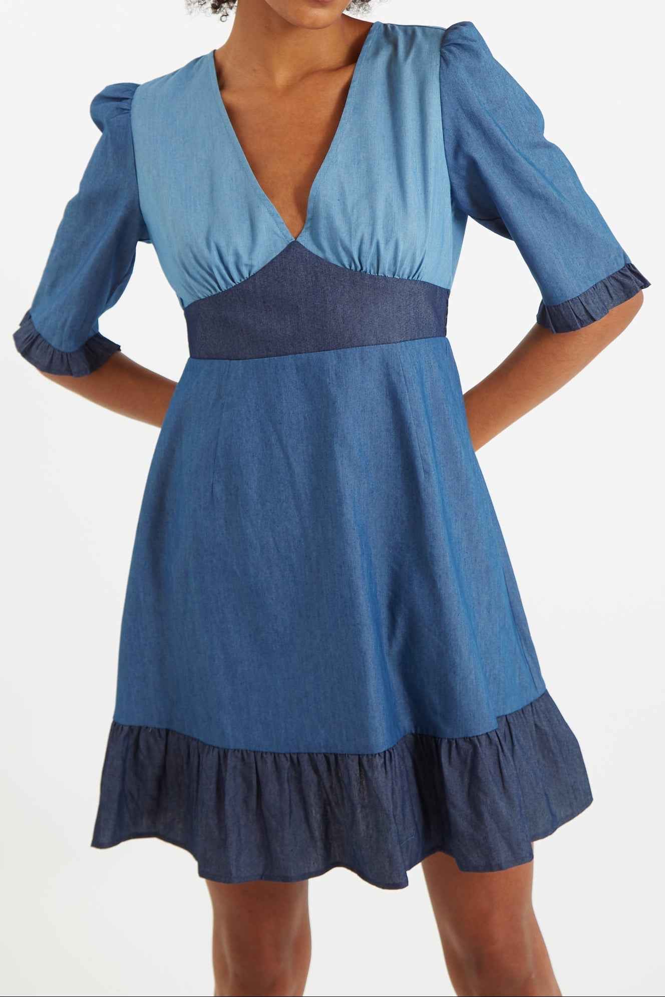 Honie Double Denim V-Neck Mini Dress