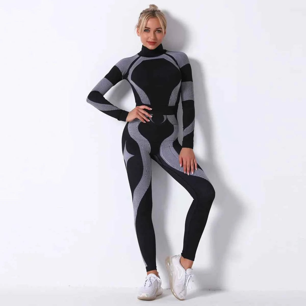 Breathable Yoga Workout Long Sleeve Shirt Leggings Set Gym Sports Fitness Striped Pants Suit For Women