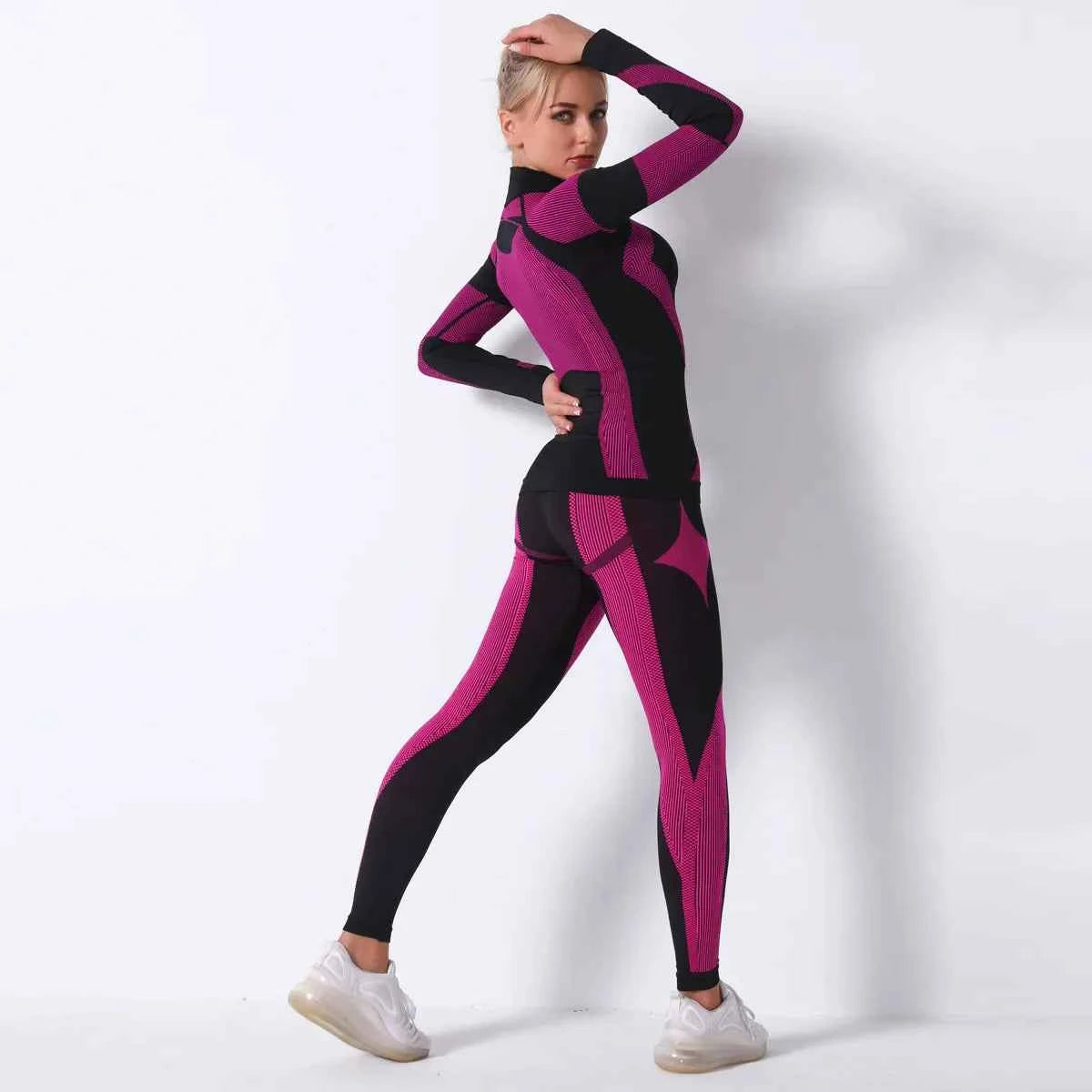 Breathable Yoga Workout Long Sleeve Shirt Leggings Set Gym Sports Fitness Striped Pants Suit For Women
