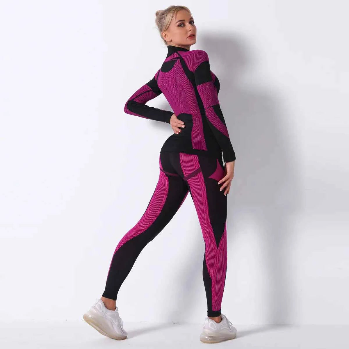 Breathable Yoga Workout Long Sleeve Shirt Leggings Set Gym Sports Fitness Striped Pants Suit For Women