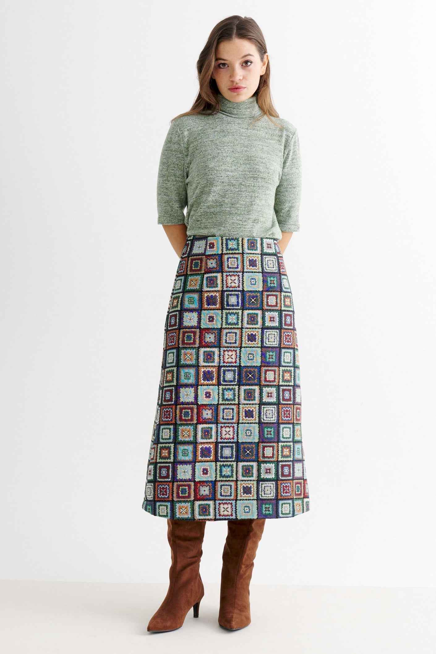 Buffy 70's Patch Jacquard Midi Skirt