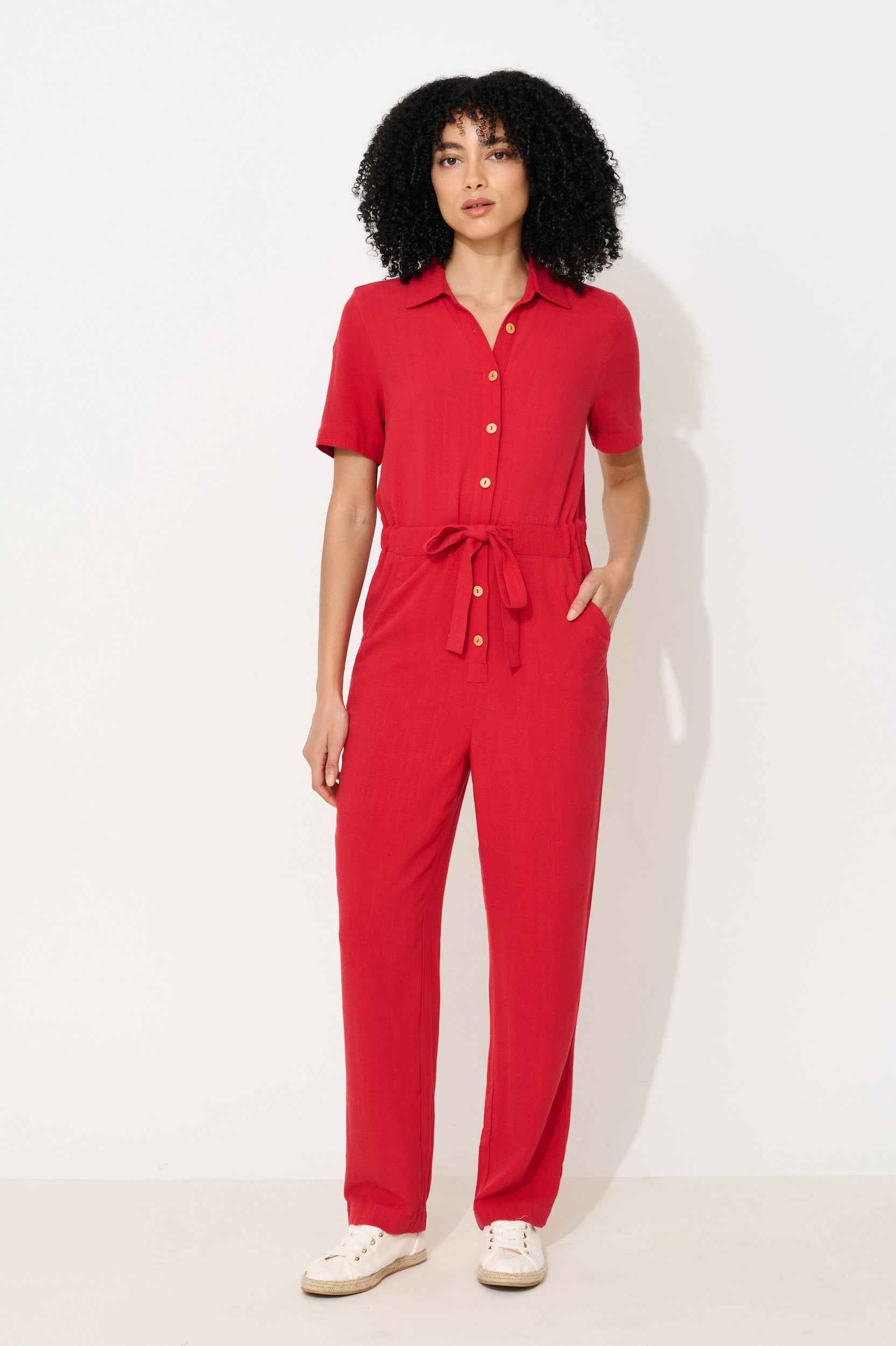 Justin Linen Mix Short Sleeve Jumpsuit - Red