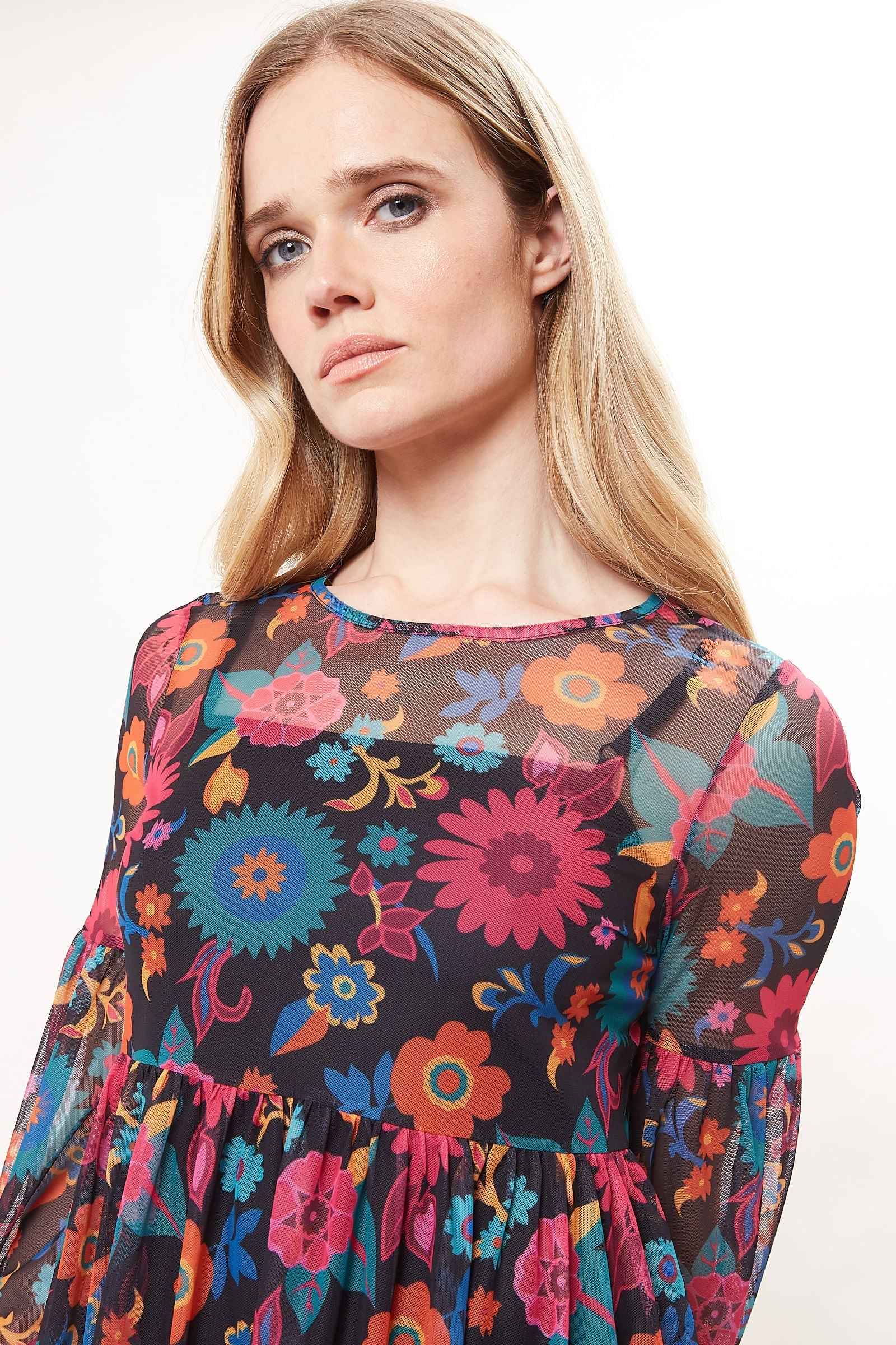 Lucinda 70'S Floral Printed Mesh Tiered Midi Dress