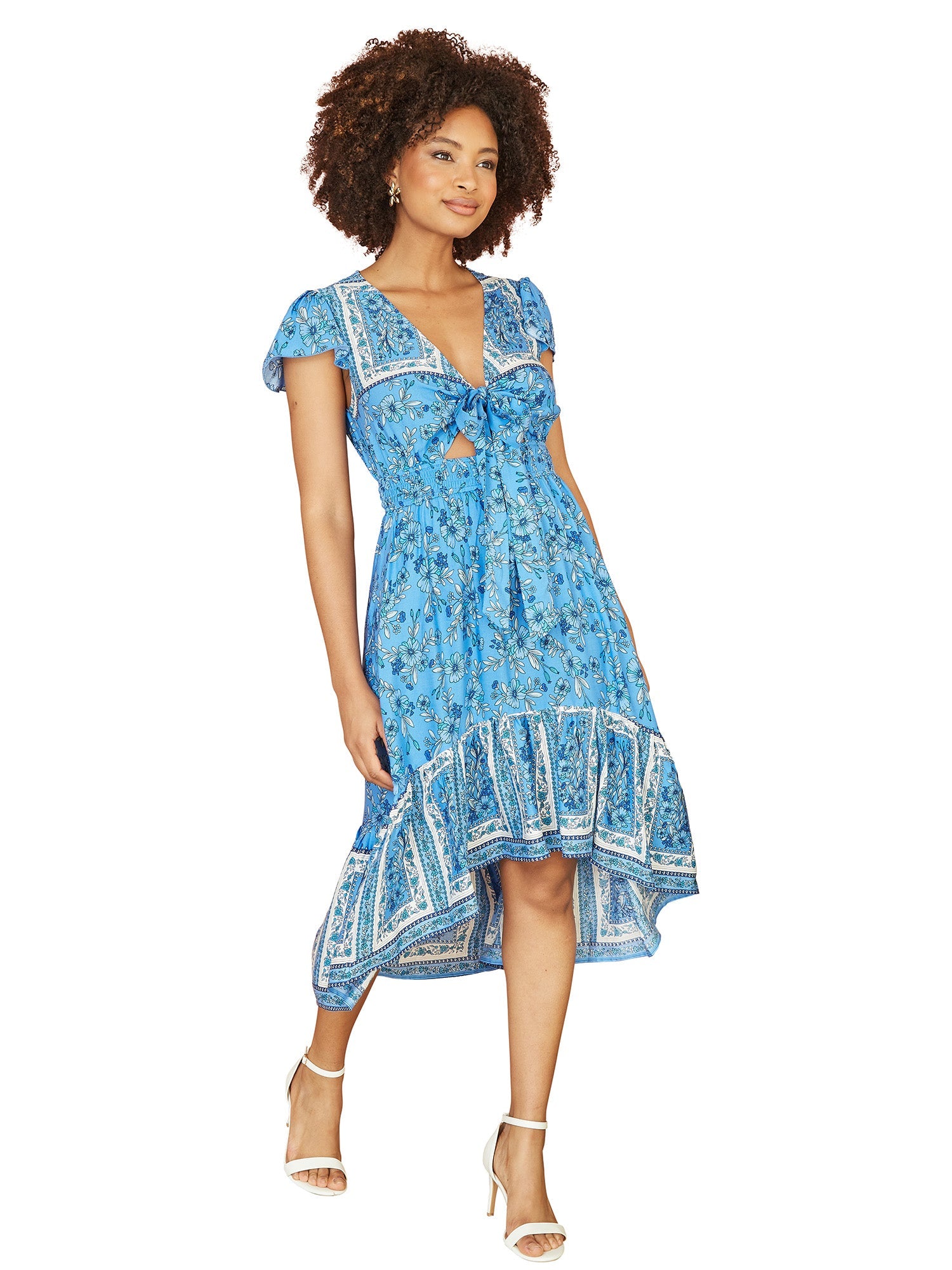 Mela Blue Ditsy Print Sun Dress With Cross Over Back Tie Front And Dip Hem
