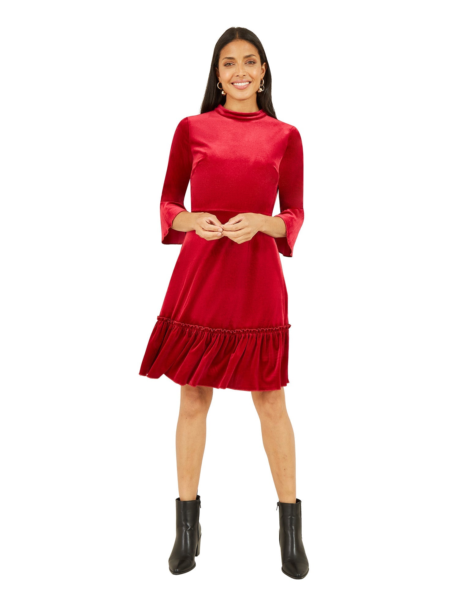 Mela Red Velvet High Neck Skater Dress