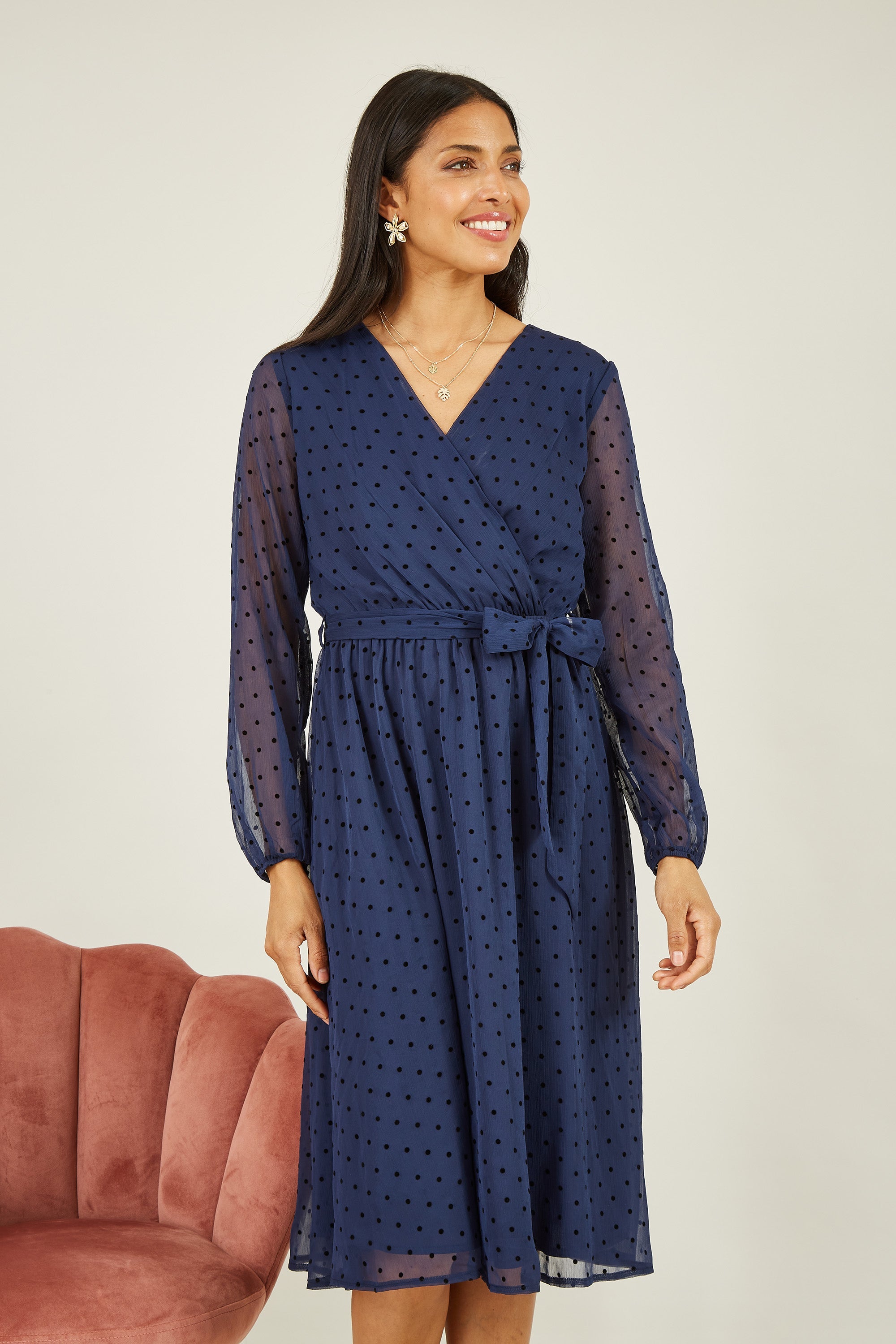 Mela Navy Dobby Spot Long Sleeve Wrap Over Midi Dress
