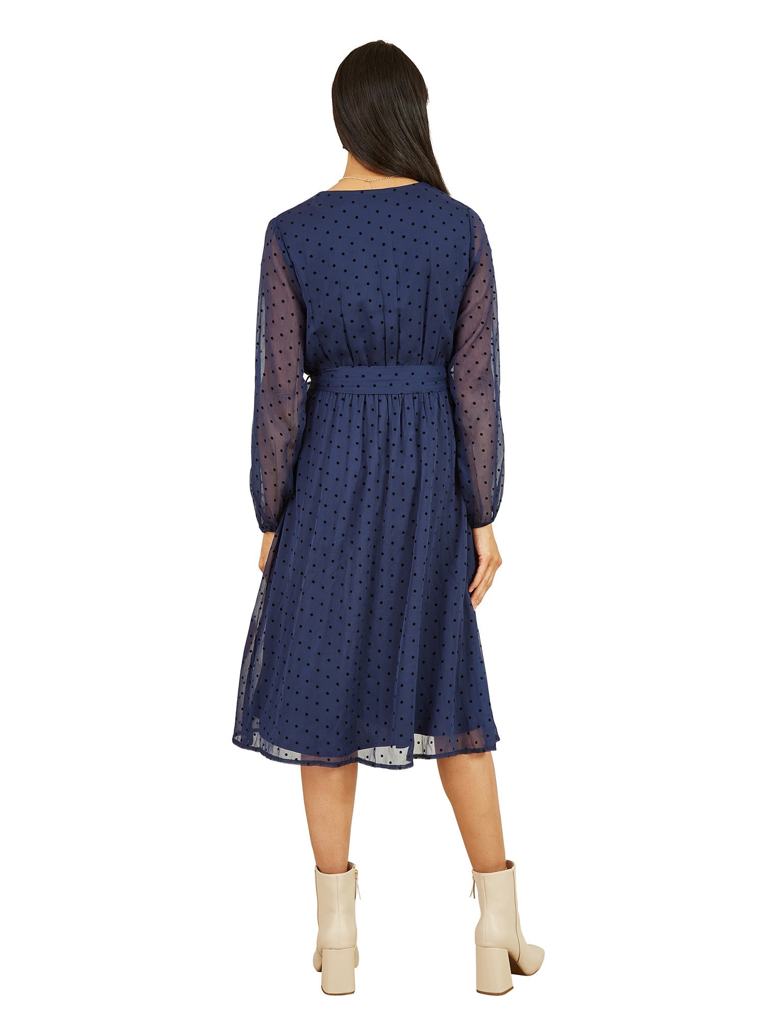 Mela Navy Dobby Spot Long Sleeve Wrap Over Midi Dress