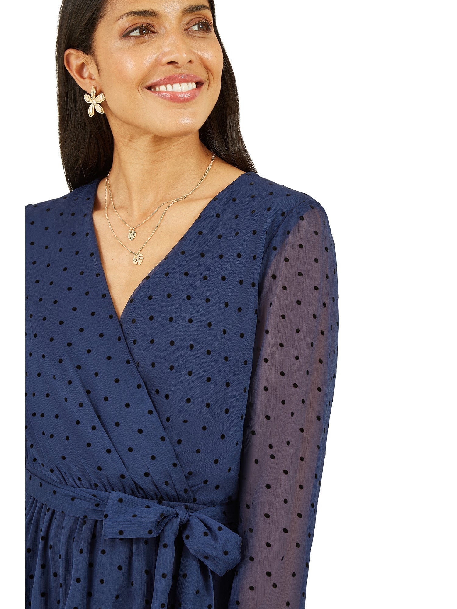 Mela Navy Dobby Spot Long Sleeve Wrap Over Midi Dress