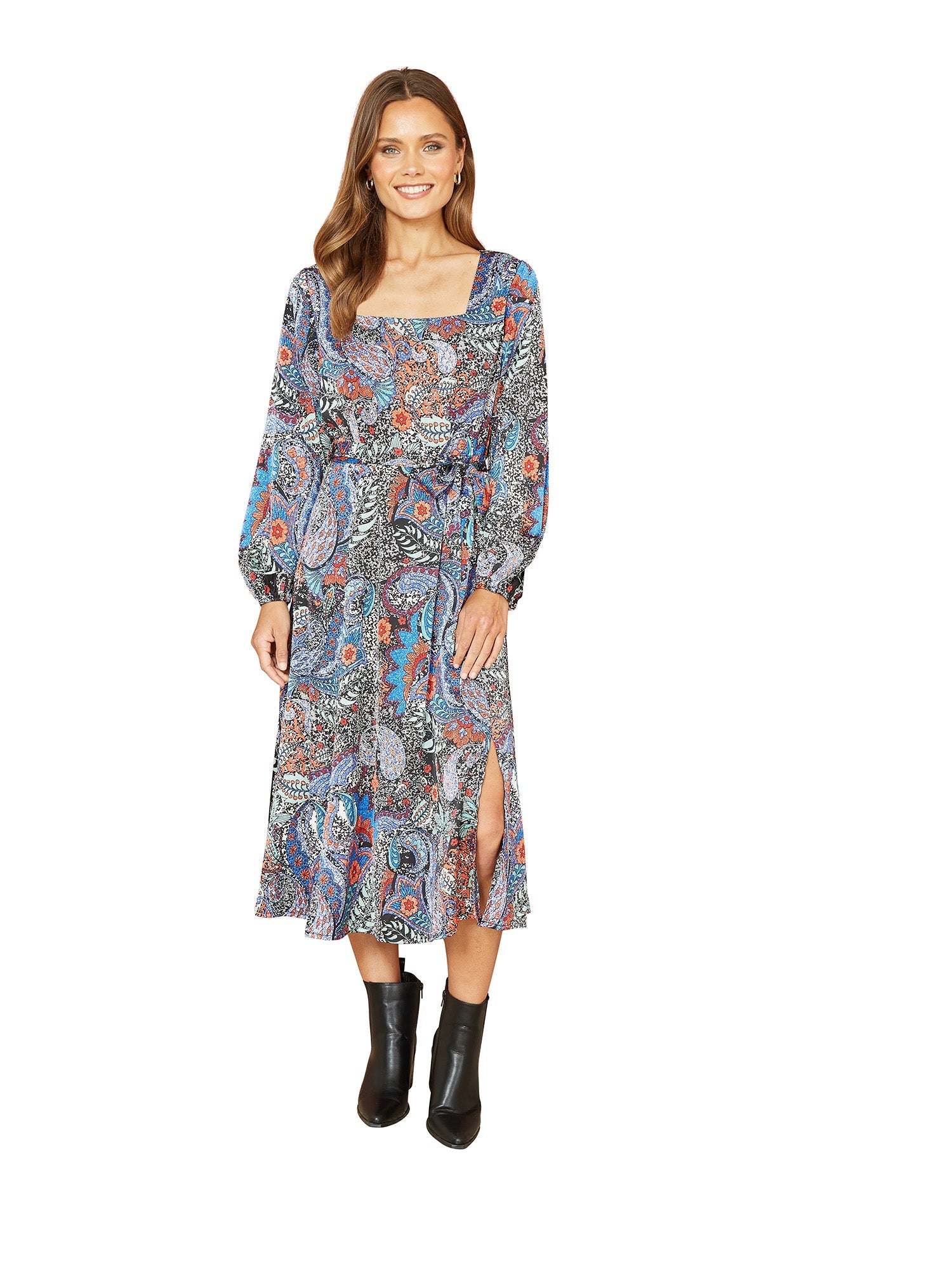 Mela Blue Paisley Print Long Sleeve Midi Dress