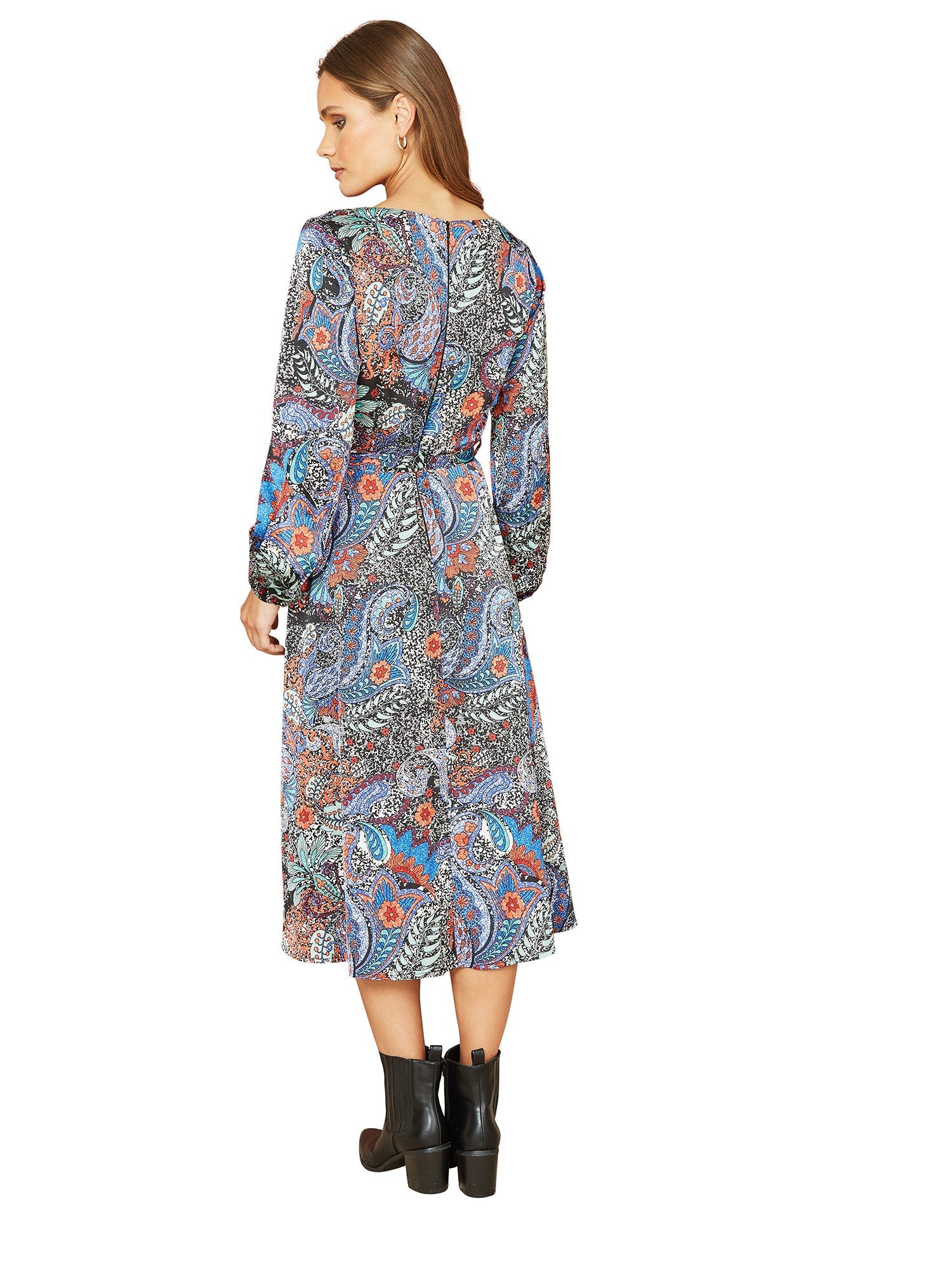 Mela Blue Paisley Print Long Sleeve Midi Dress