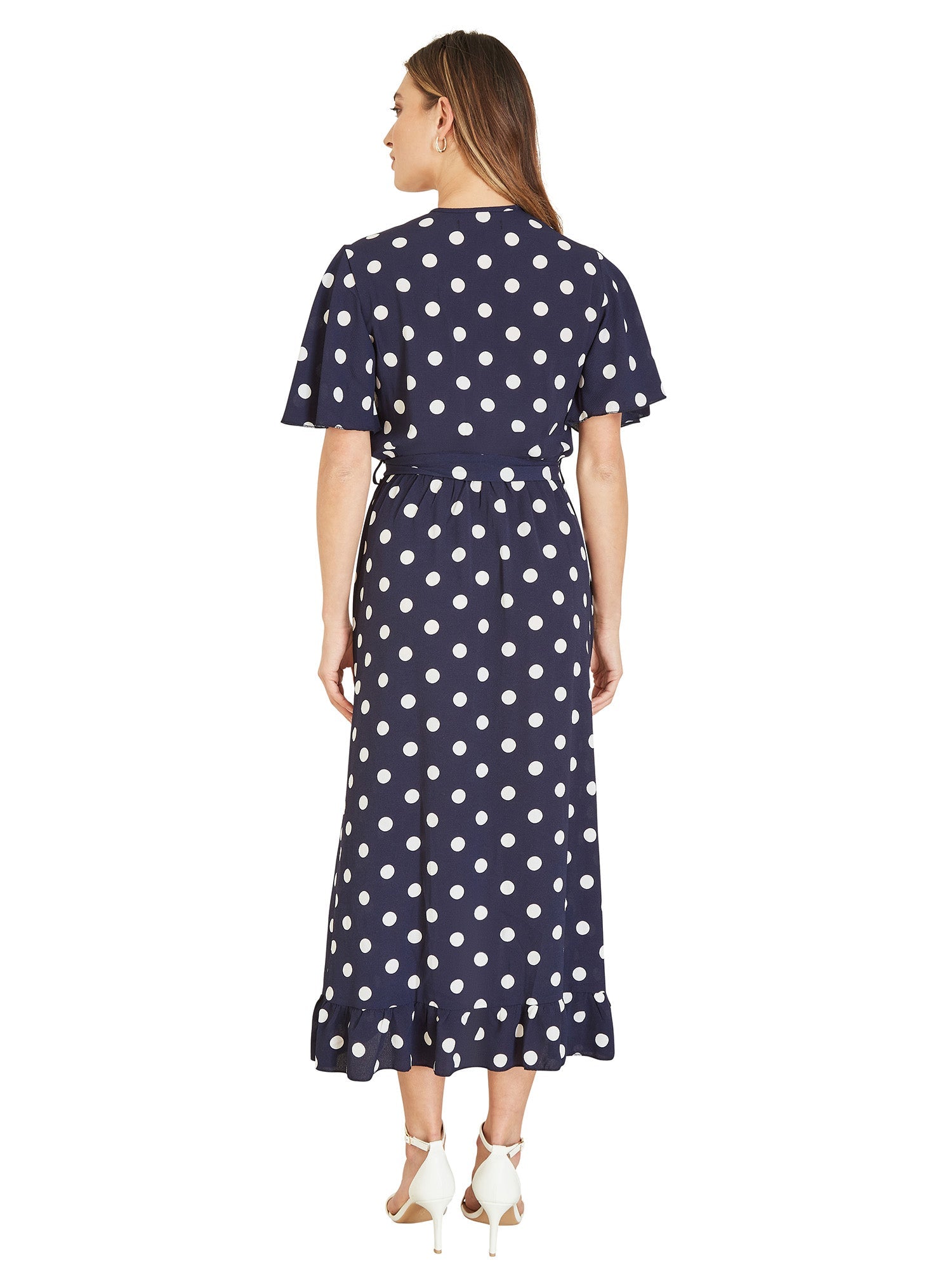 Mela Navy Spot Print Wrap Midi Dress With Frill Detail