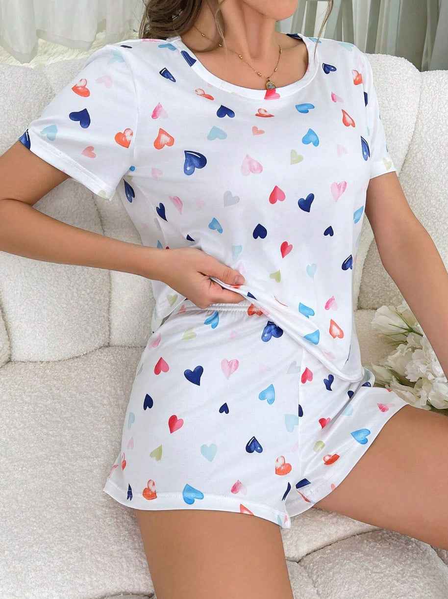 Round Neck T-shirt Pajamas Shorts Sweet Two-piece Set Suit