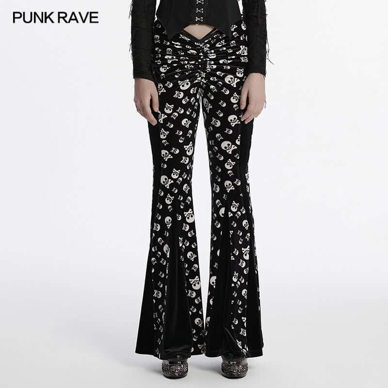 Punk Rave Nulia Spliced Velvet Flared Trousers with Skull Print - Size UK 20 Left Only!