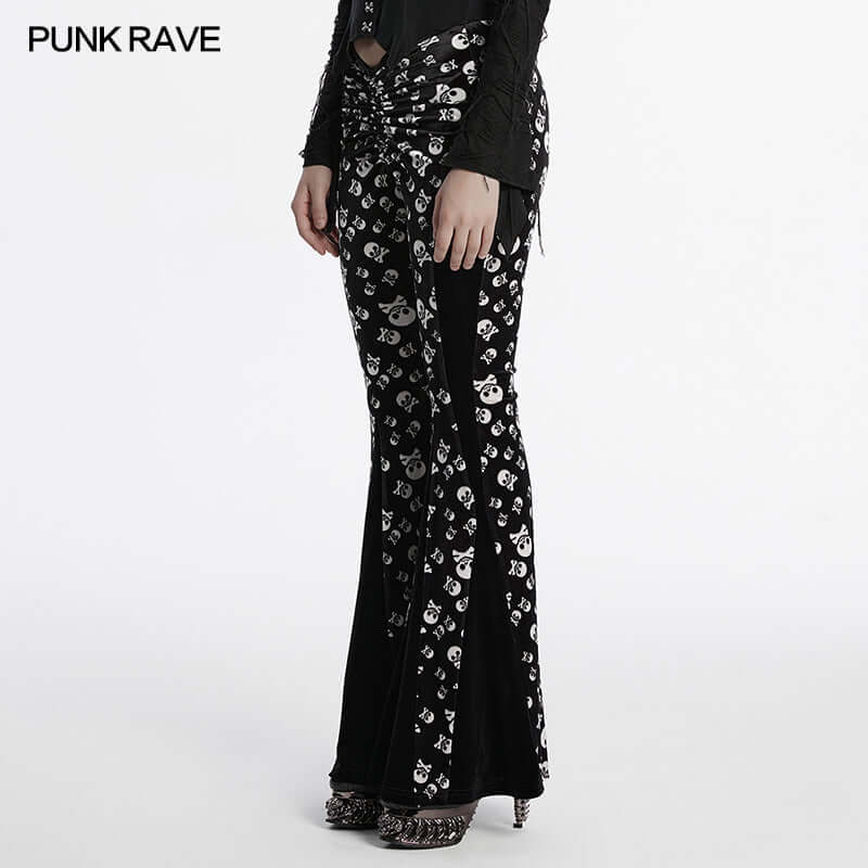 Punk Rave Nulia Spliced Velvet Flared Trousers with Skull Print - Size UK 20 Left Only!