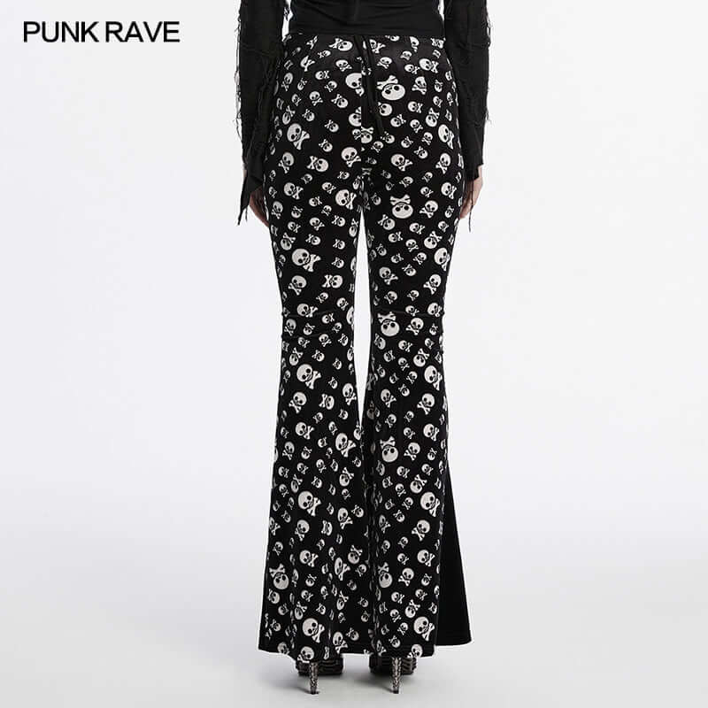 Punk Rave Nulia Spliced Velvet Flared Trousers with Skull Print - Size UK 20 Left Only!