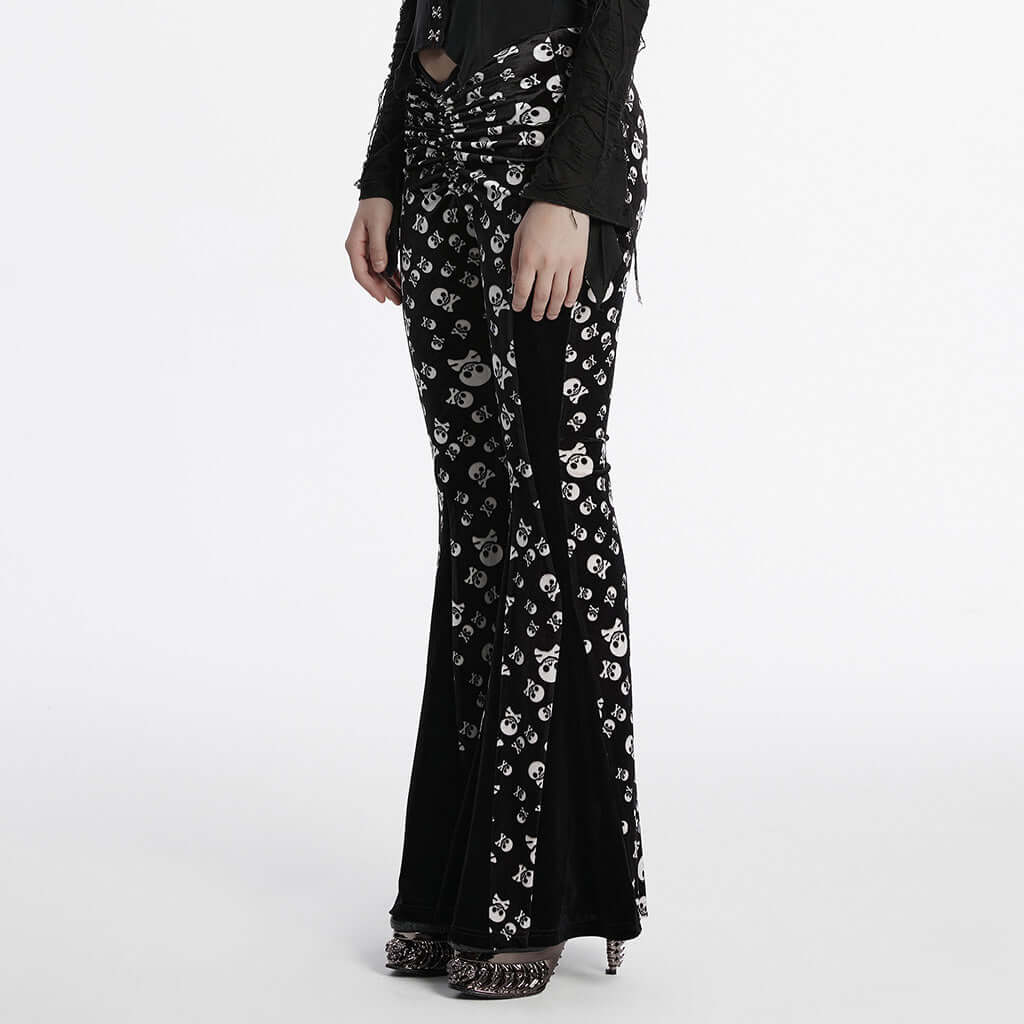 Punk Rave Nulia Spliced Velvet Flared Trousers with Skull Print - Size UK 20 Left Only!