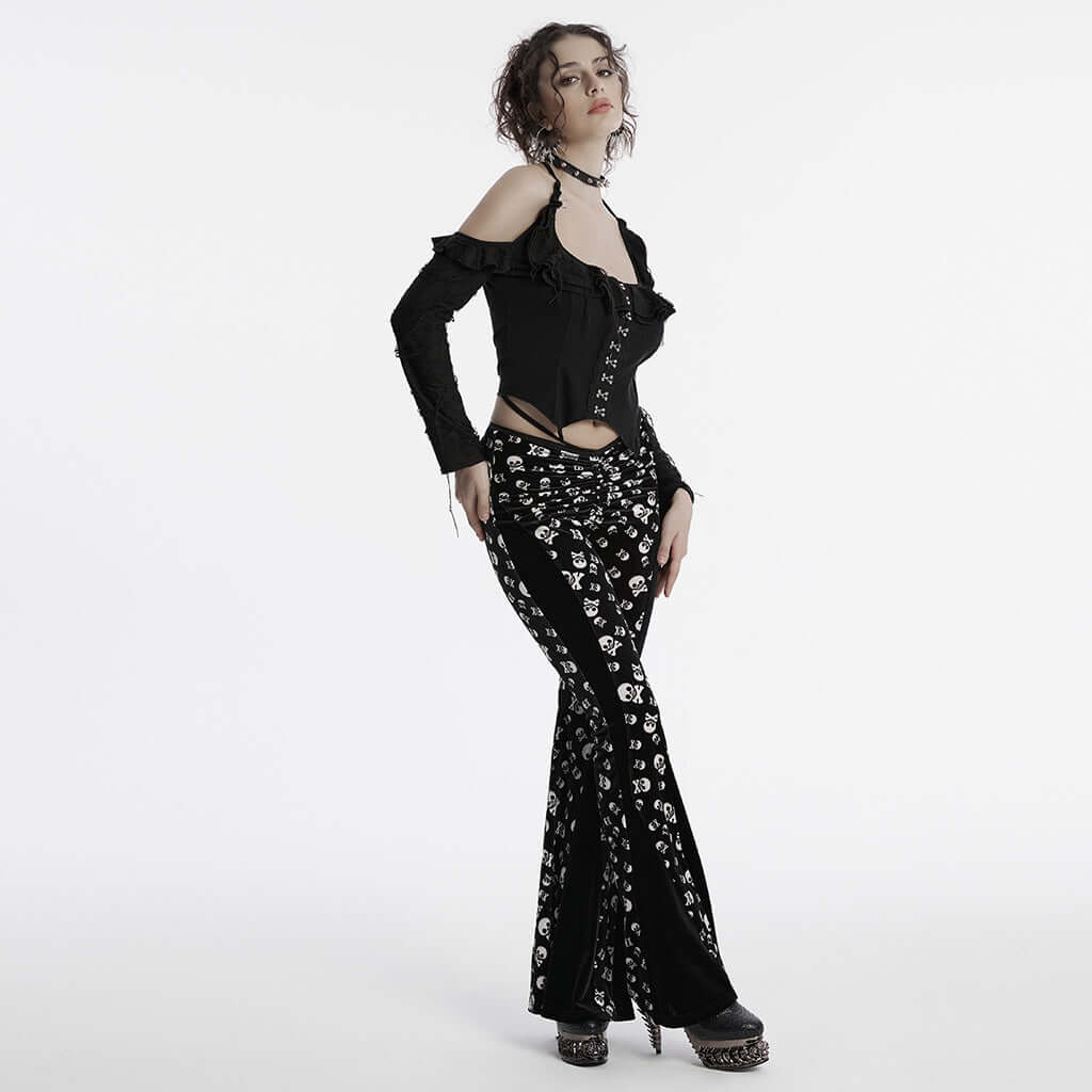 Punk Rave Nulia Spliced Velvet Flared Trousers with Skull Print - Size UK 20 Left Only!
