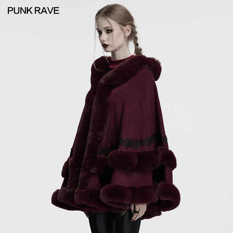 Punk Rave Isolde Faux Fur Trim Gothic Cloak Wine Red
