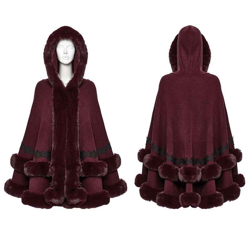 Punk Rave Isolde Faux Fur Trim Gothic Cloak Wine Red