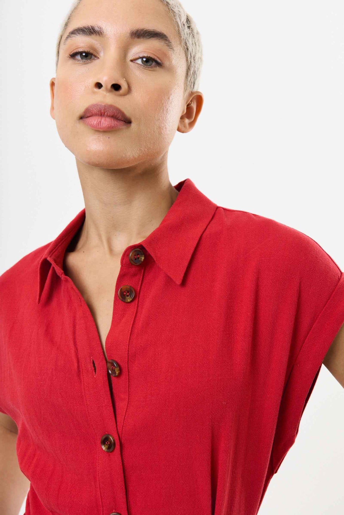 Reese Linen Mix Button Through Midi Shirt Dress - Red