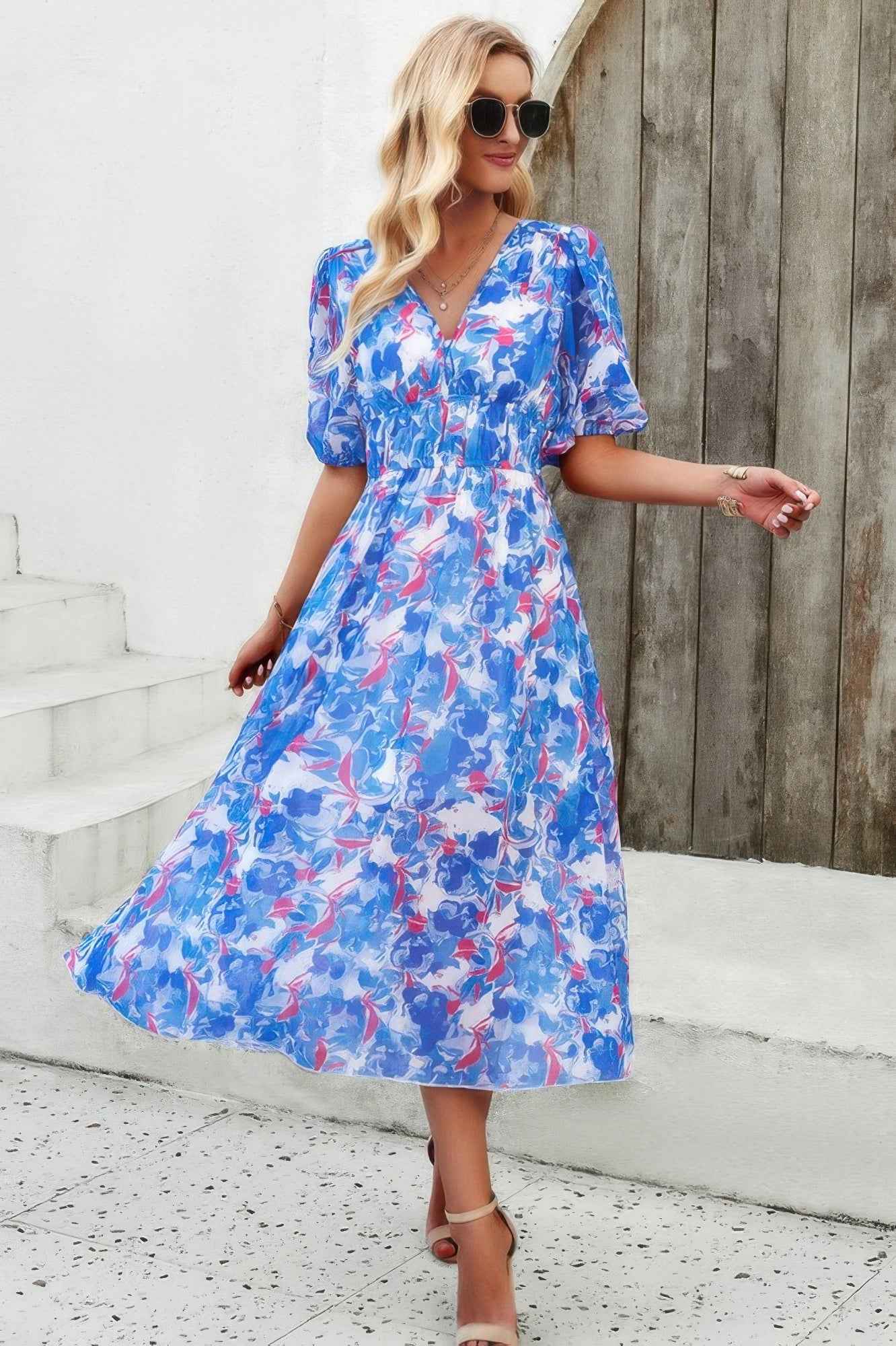 Floral V Neck Puffed Sleeve High Waist Dress