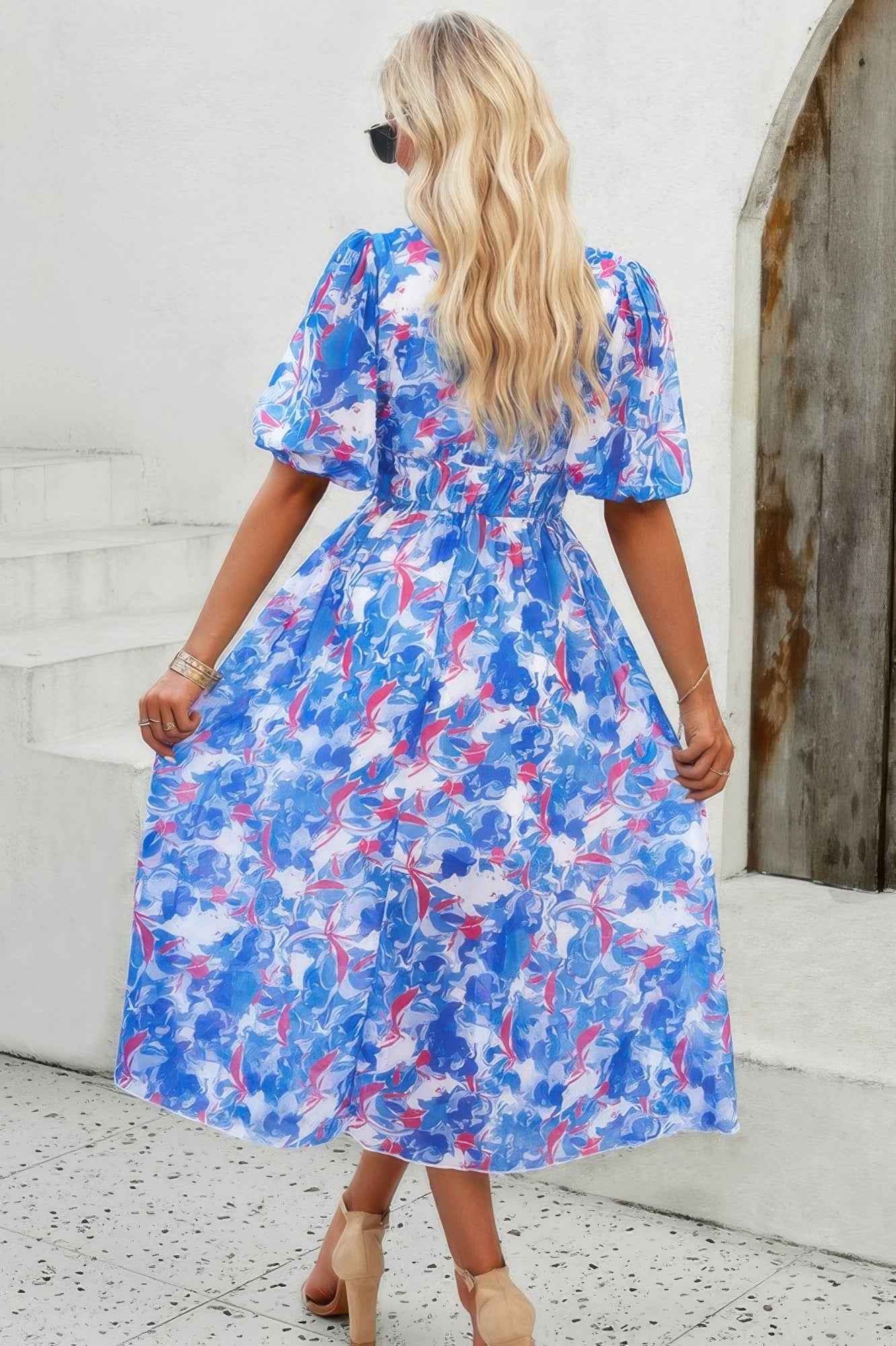 Floral V Neck Puffed Sleeve High Waist Dress
