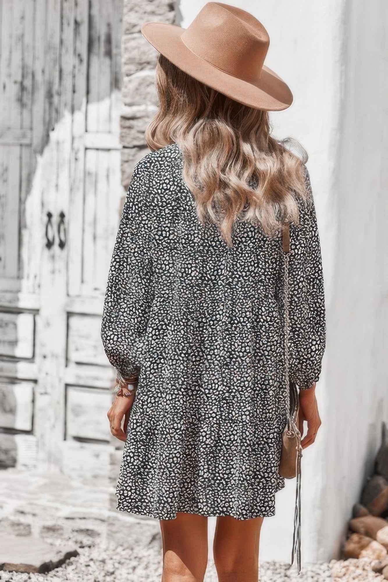 Animal Print Button Down A Line Lantem Sleeve Dress