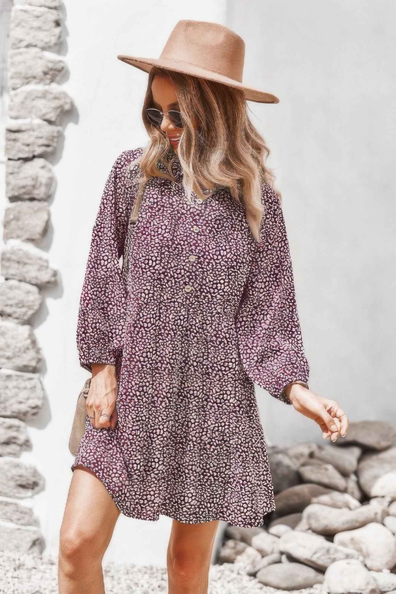 Animal Print Button Down A Line Lantem Sleeve Dress