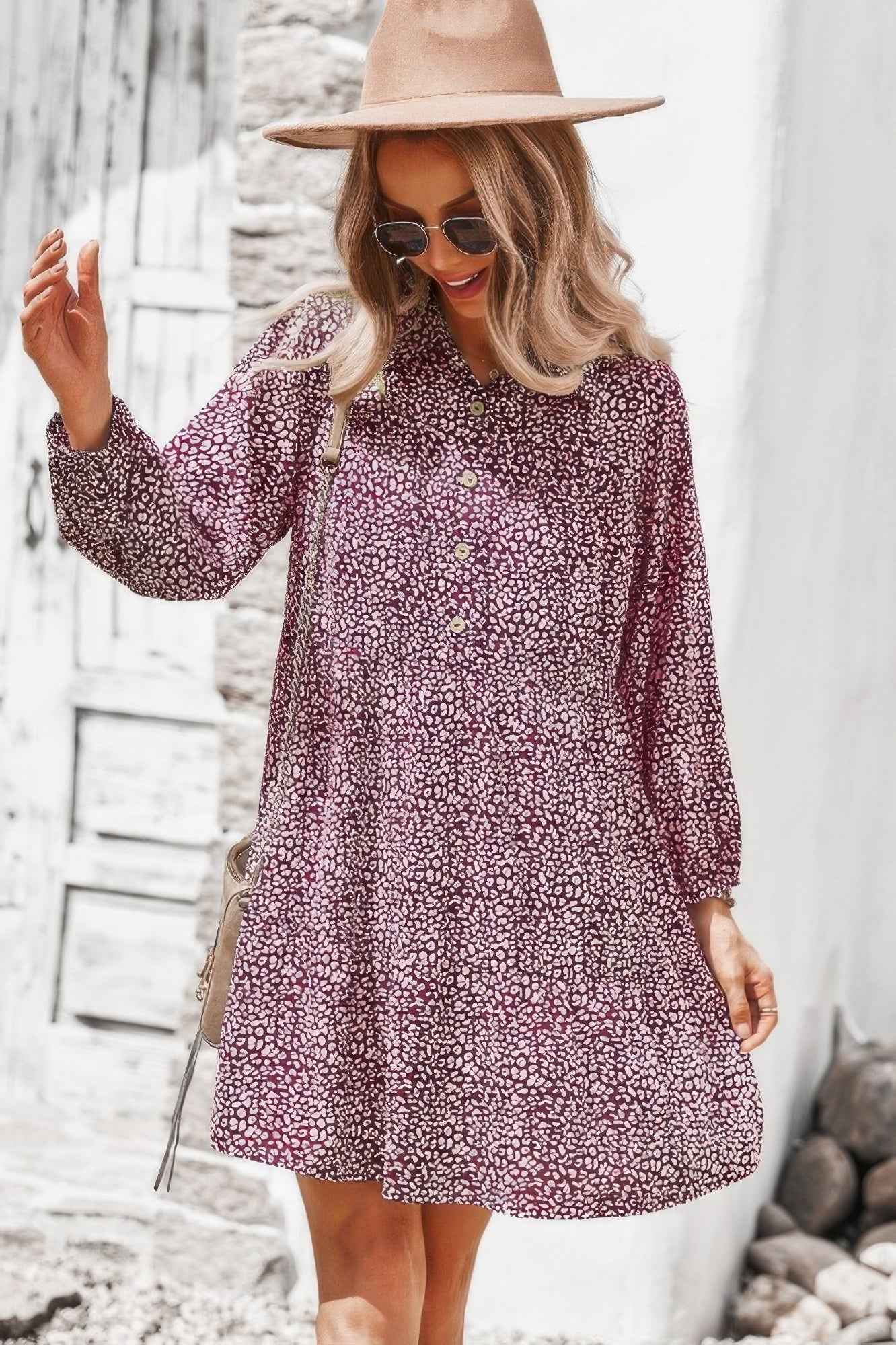 Animal Print Button Down A Line Lantem Sleeve Dress