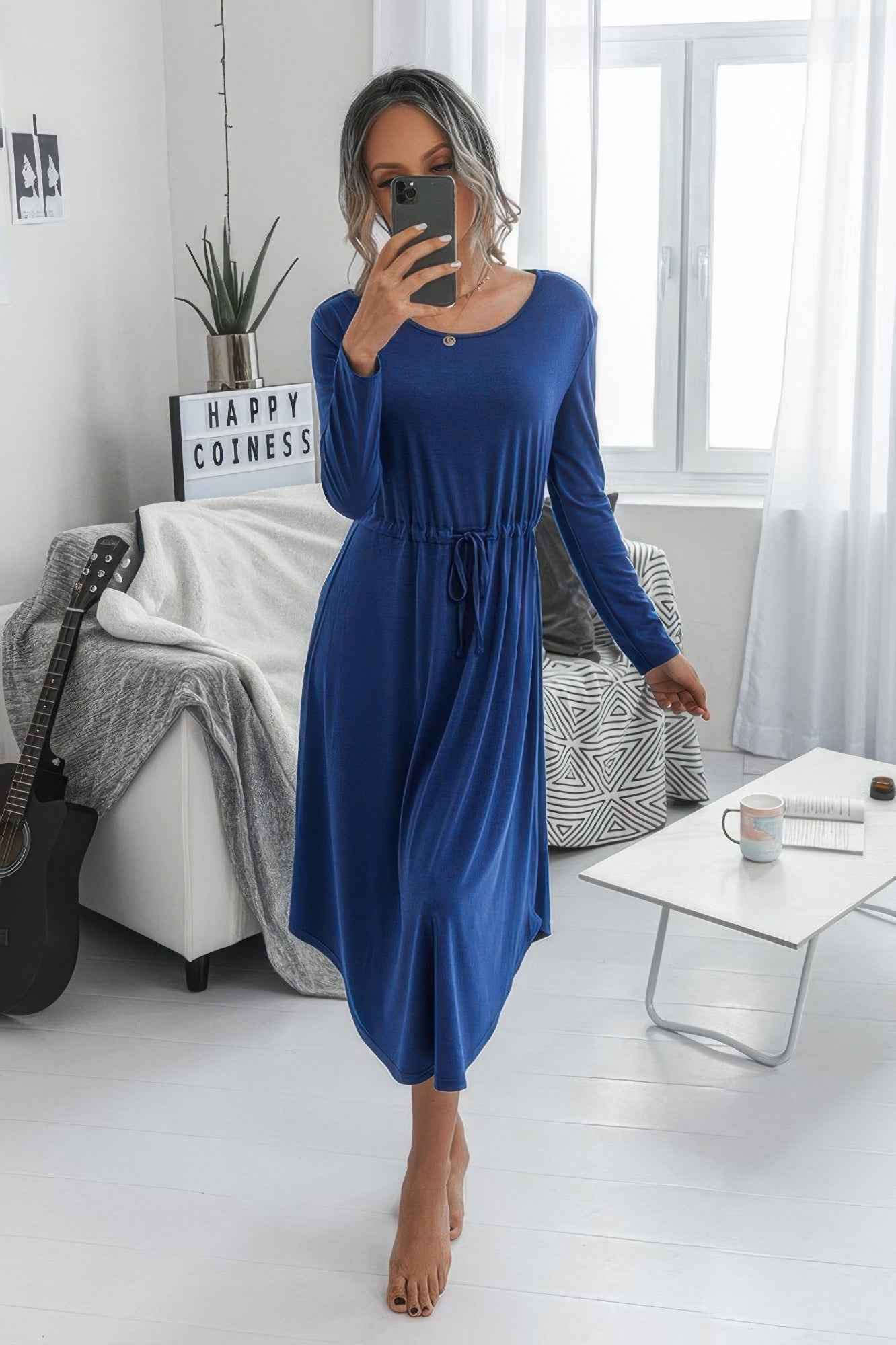 Solid Round Neck Long Sleeve Drawstring Dress