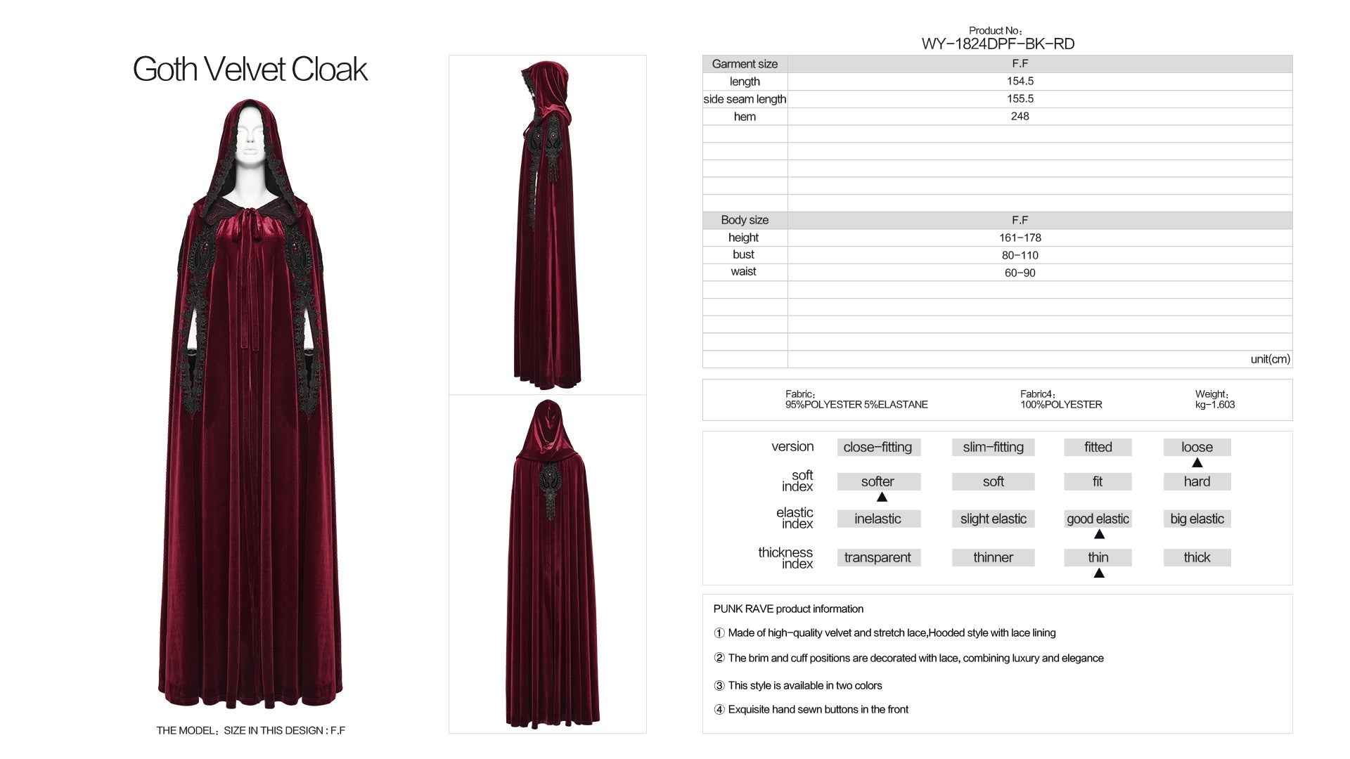 Punk Rave Seraphiel Gothic Velvet Cloak – Blood Red