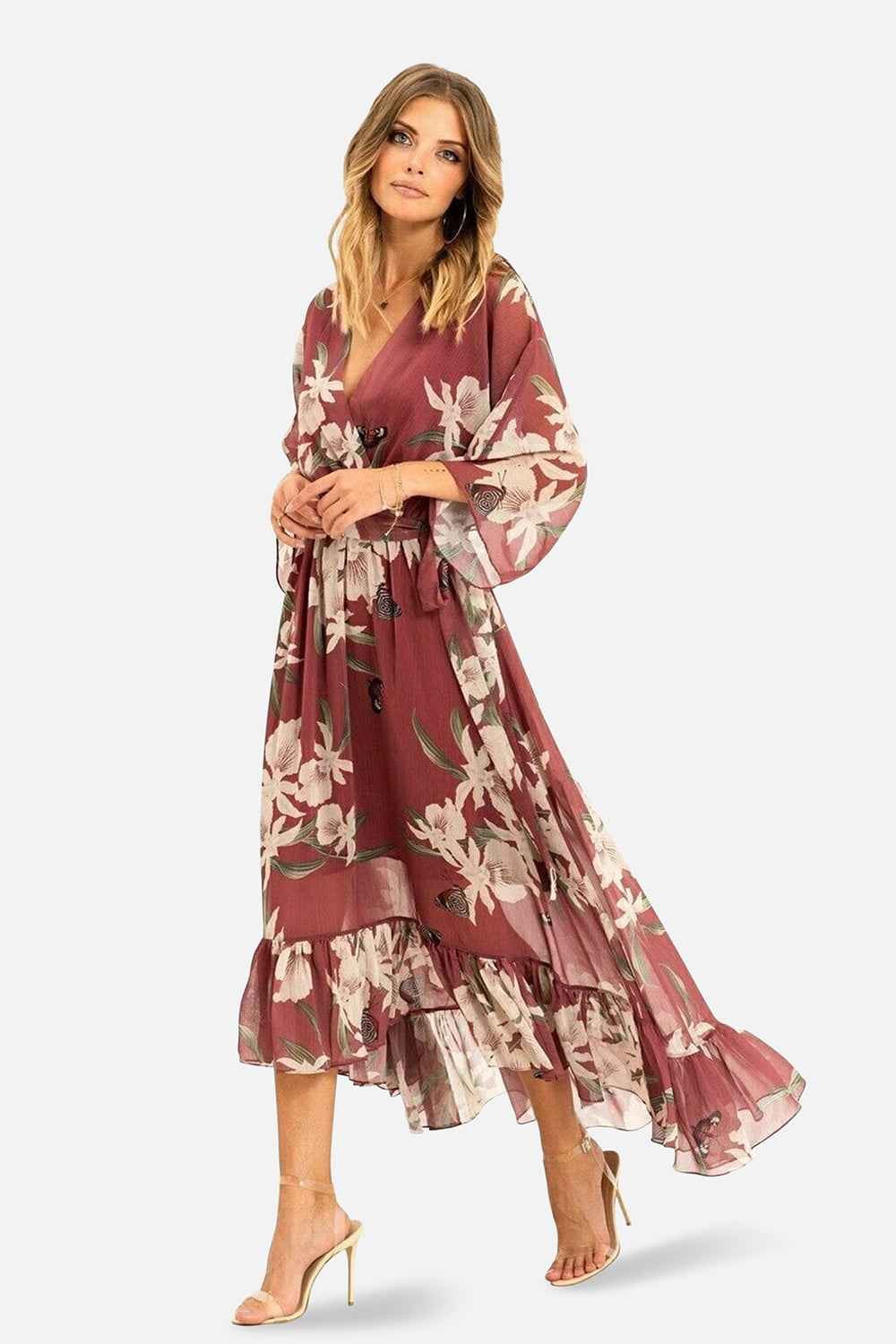Rose Pink Floral Kimono Sleeves Dip Hem Wrap Midi Dress