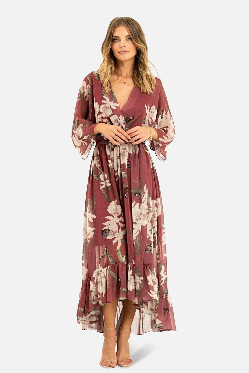 Rose Pink Floral Kimono Sleeves Dip Hem Wrap Midi Dress